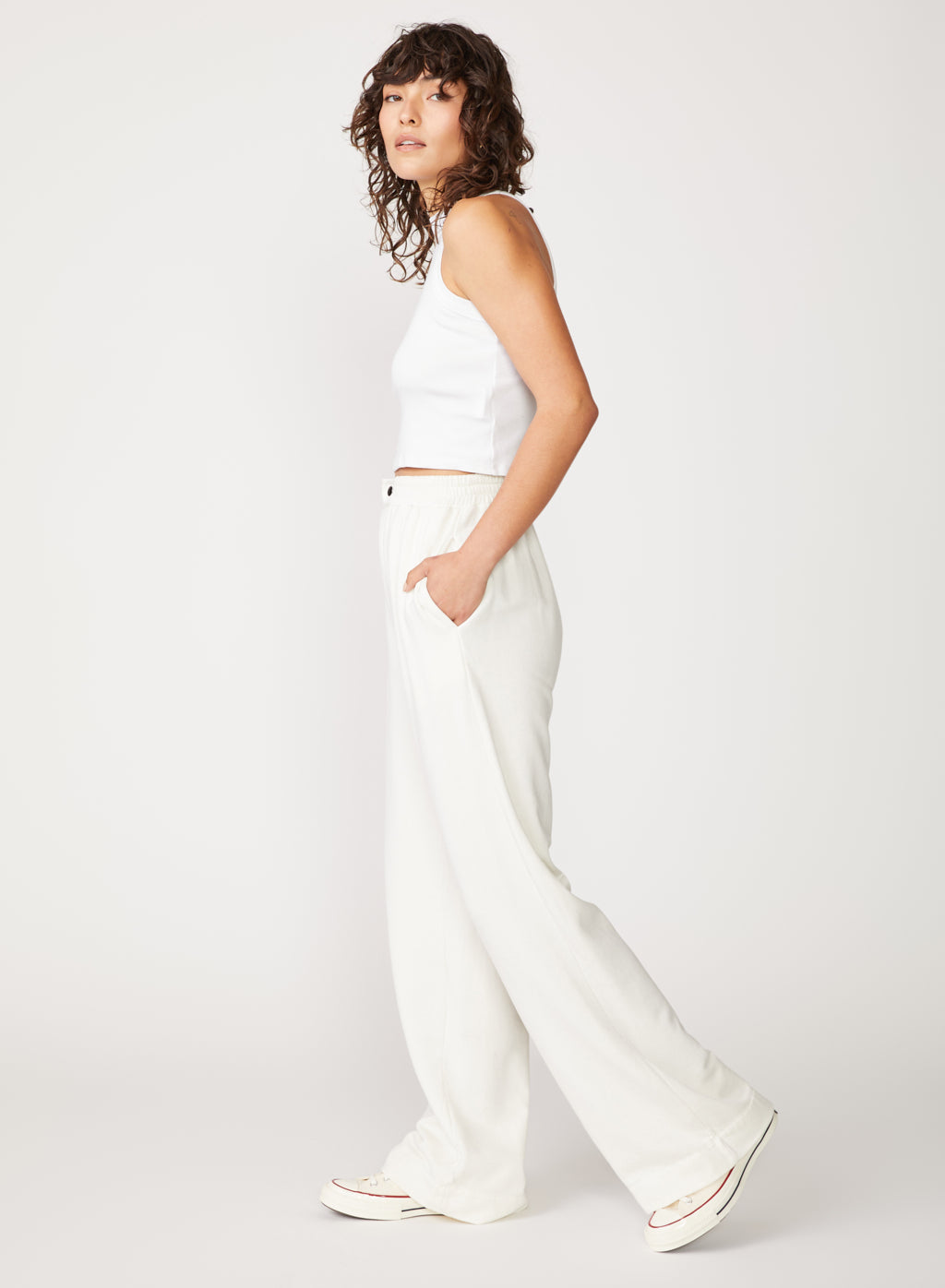 cream fleece snap wide leg pant