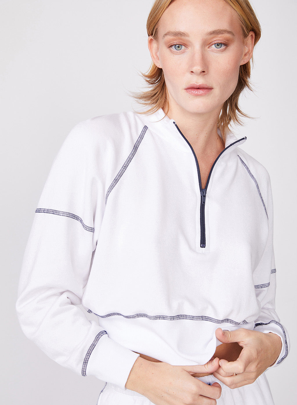 Softest Fleece Cropped Half-Zip Pullover with Contrast in White