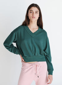 Softest Fleece High V-Neck Pullover in Rainforest-3/4 front