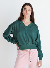 Softest Fleece High V-Neck Pullover in Rainforest-3/4 front