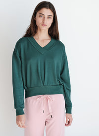 Softest Fleece High V-Neck Pullover in Rainforest-side/ front 3/4