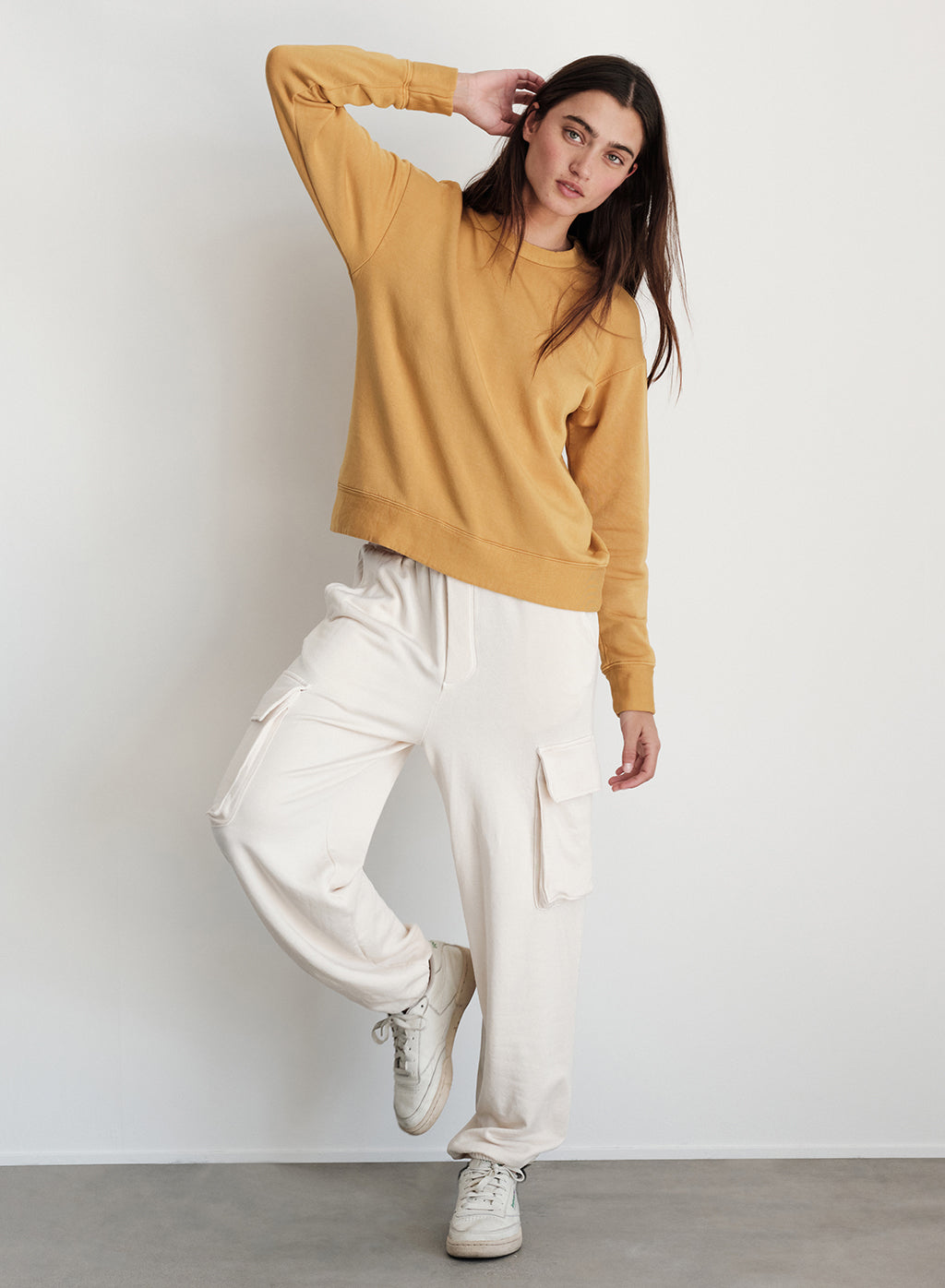 Softest Fleece Cargo Jogger in Cream- posing