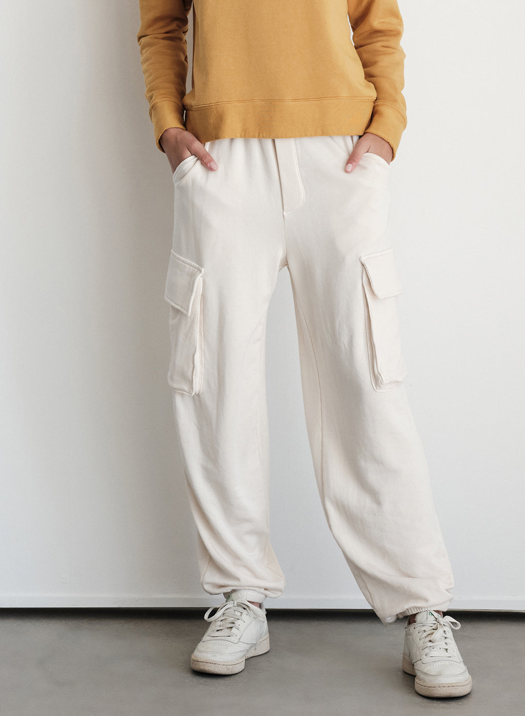 Softest Fleece Cargo Jogger in Cream-close up