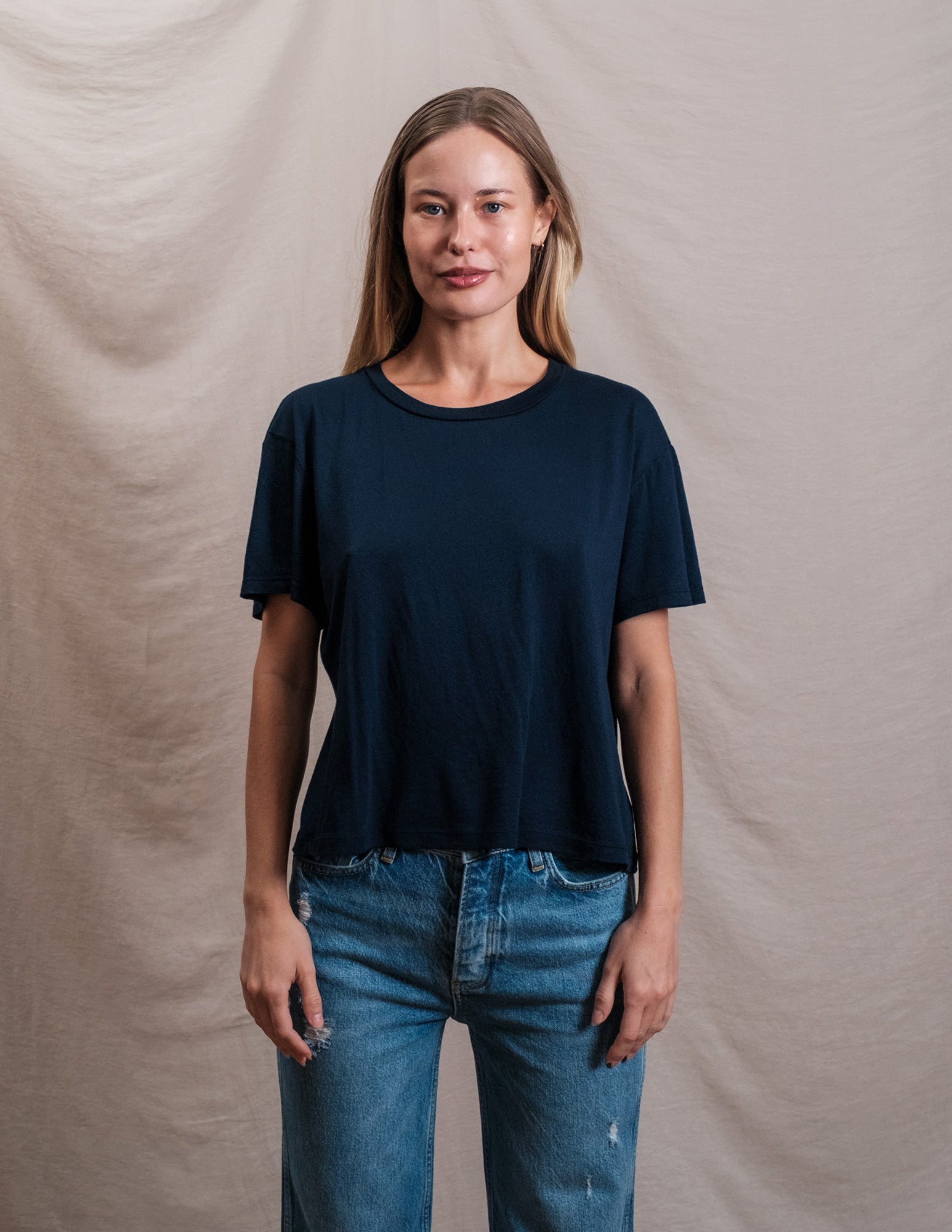 Butter Soft Short Sleeve Boxy Crop Tee in Navy
