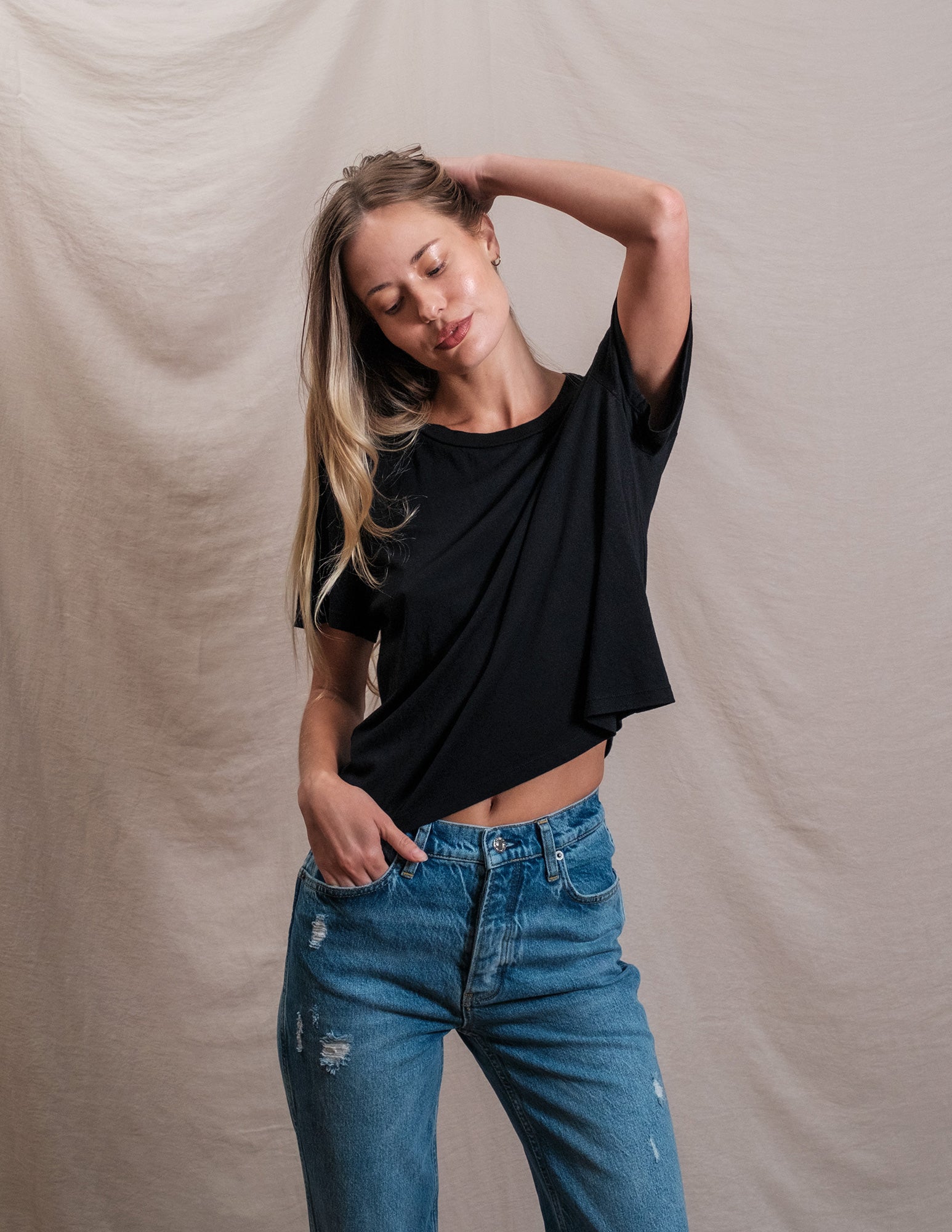 Butter Soft Short Sleeve Boxy Crop Tee in Black