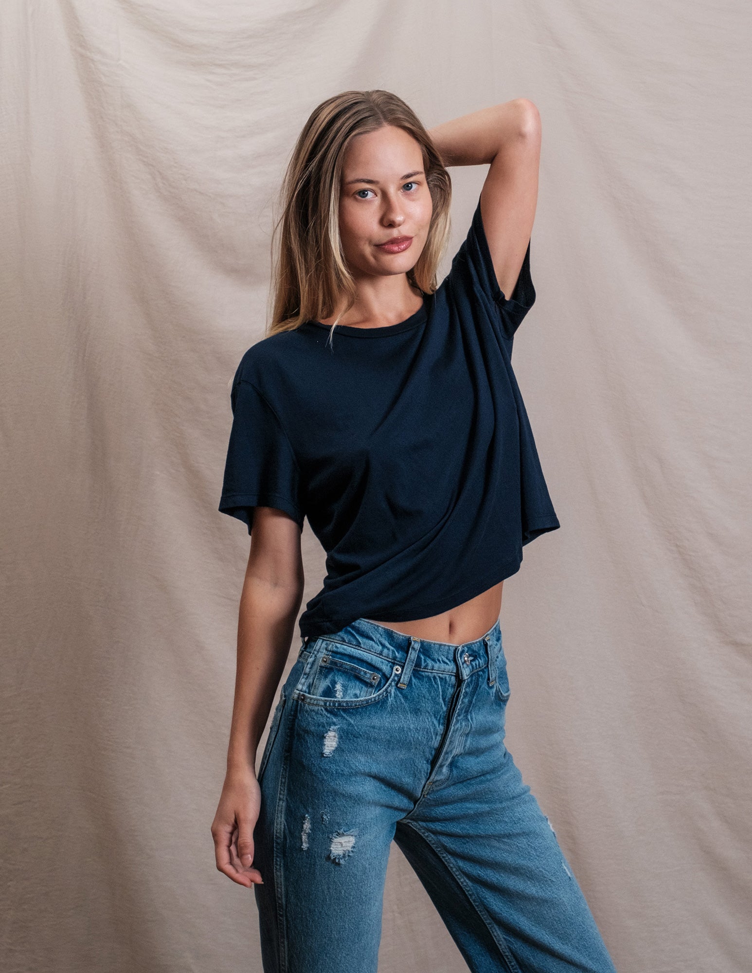 Butter Soft Short Sleeve Boxy Crop Tee in Navy