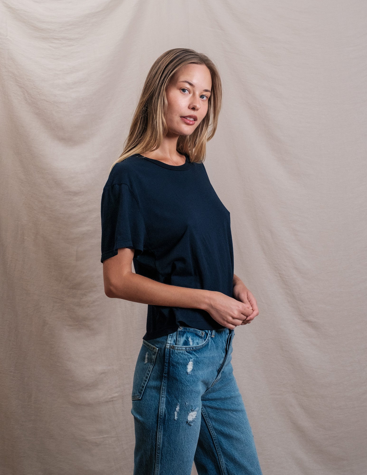 Butter Soft Short Sleeve Boxy Crop Tee in Navy