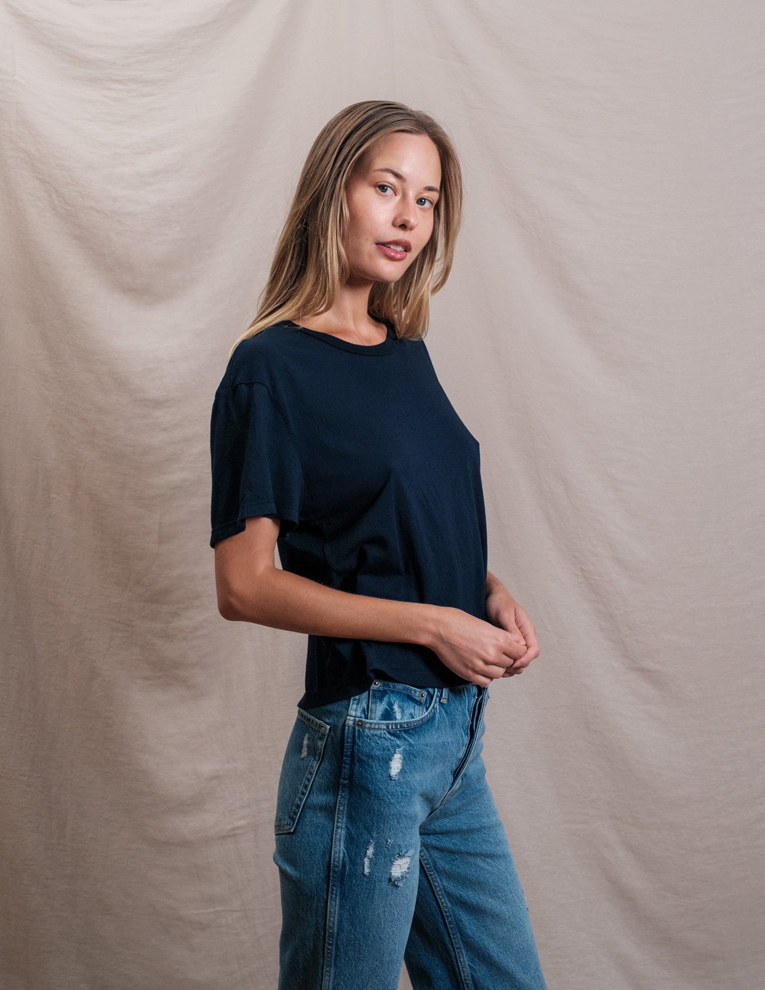 Butter Soft Boxy Crop in Midnight Blue