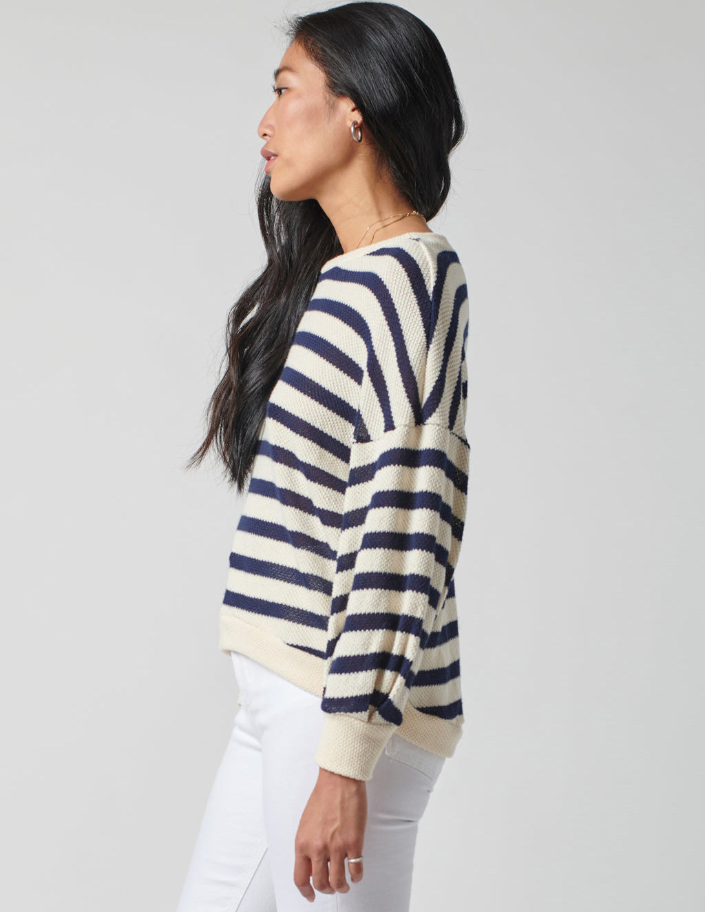 Sweater Knit Stripe Pique Pullover in New Navy