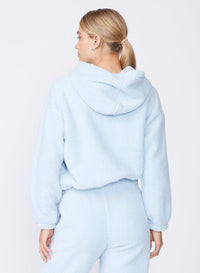 Stateside Double Face Sherpa Cinched Hoodie in Winter Sky- back with hood