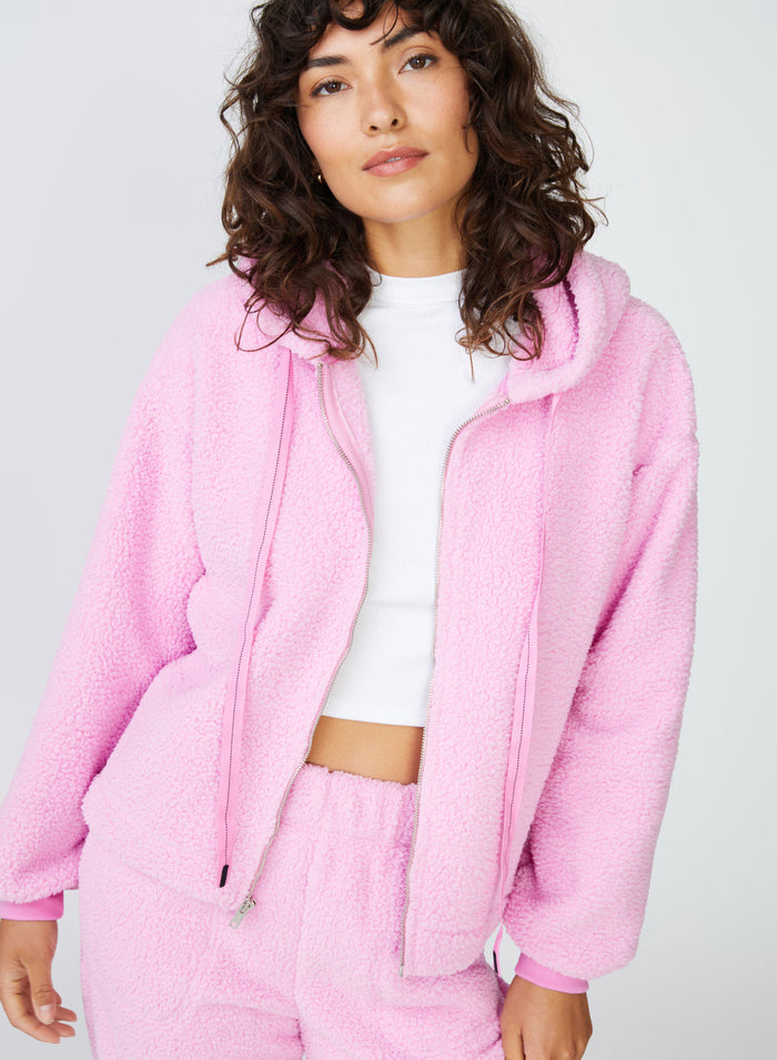 pink double-faced sherpa zip hoodie