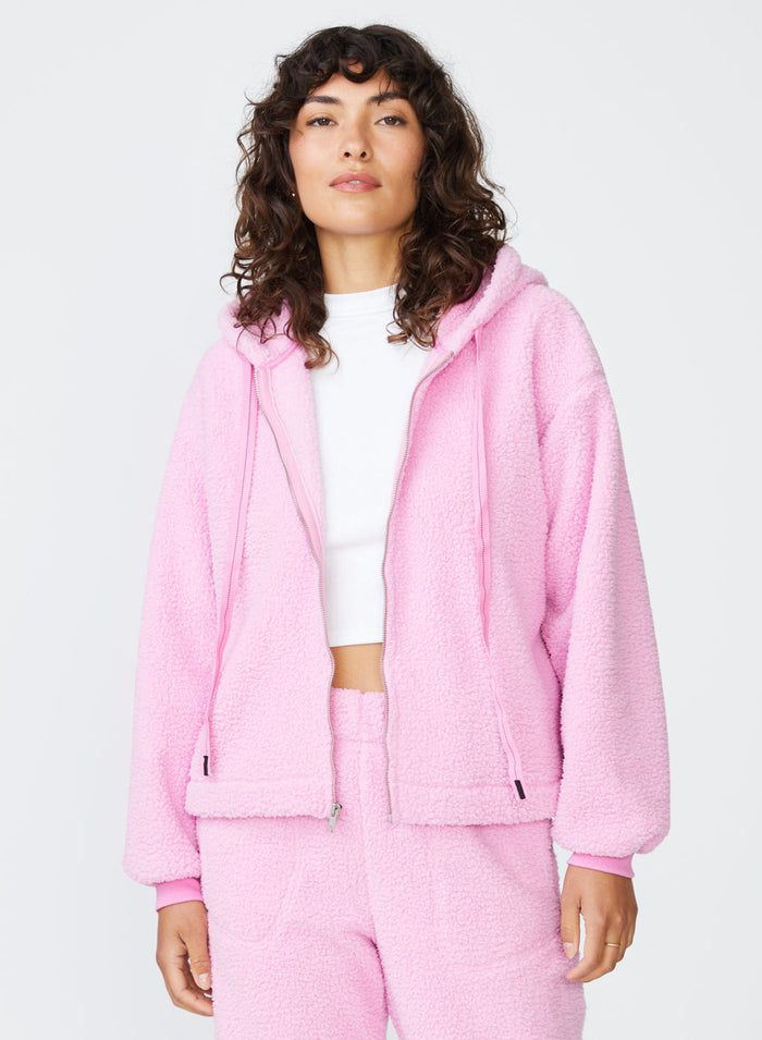 pink double-faced sherpa zip hoodie