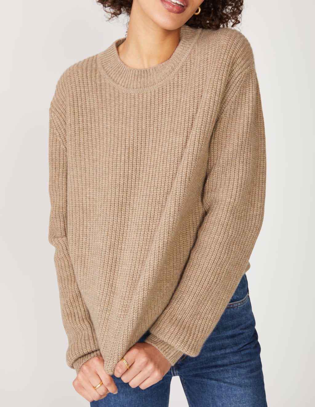 Ribbed Cashmere Tall Collar Sweater in Camel