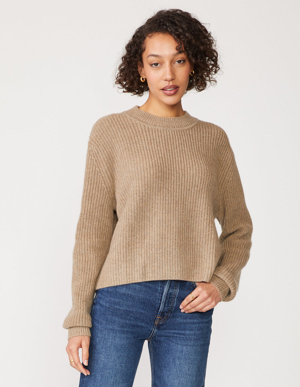 Ribbed Cashmere Tall Collar Sweater in Camel