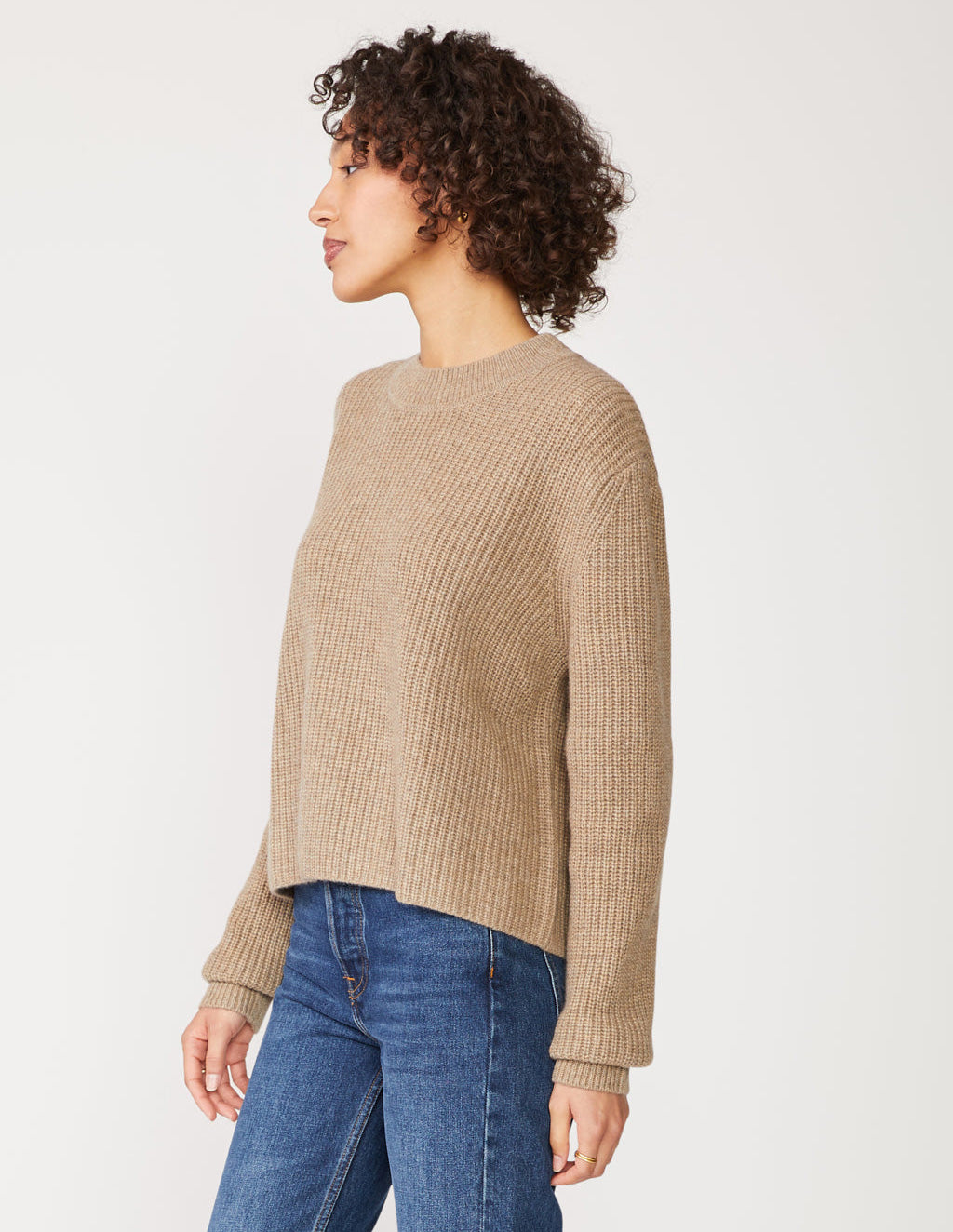 Ribbed Cashmere Tall Collar Sweater in Camel