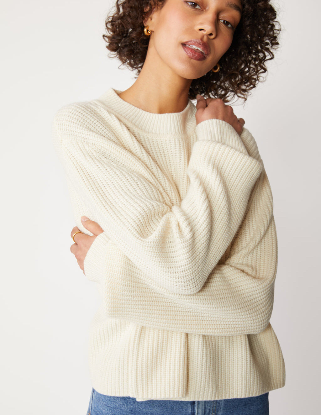 Ribbed Cashmere Tall Collar Sweater in Cream