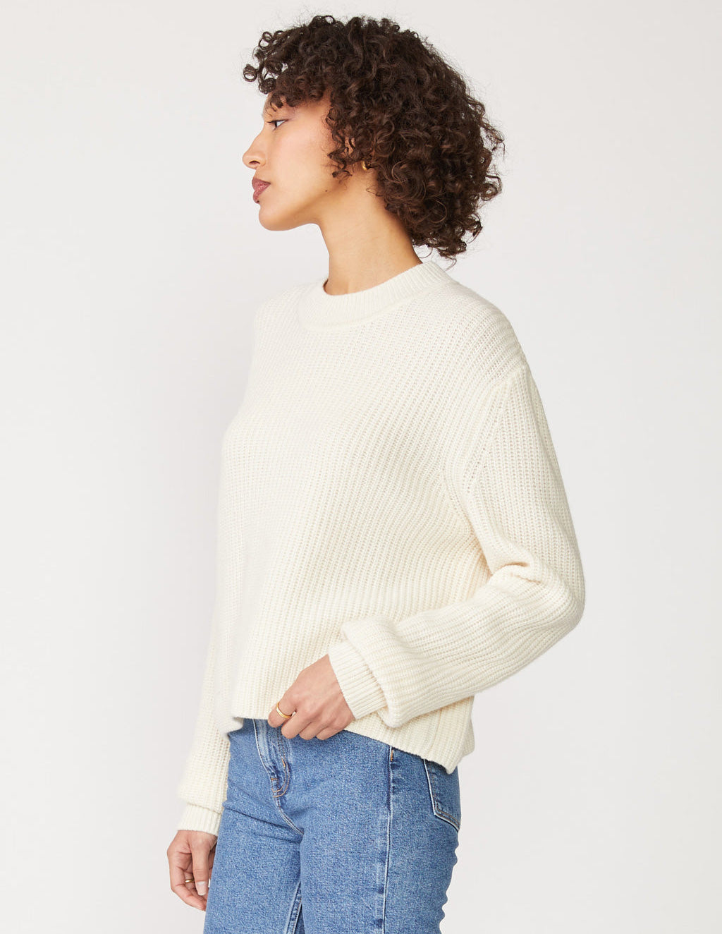 Ribbed Cashmere Tall Collar Sweater in Cream