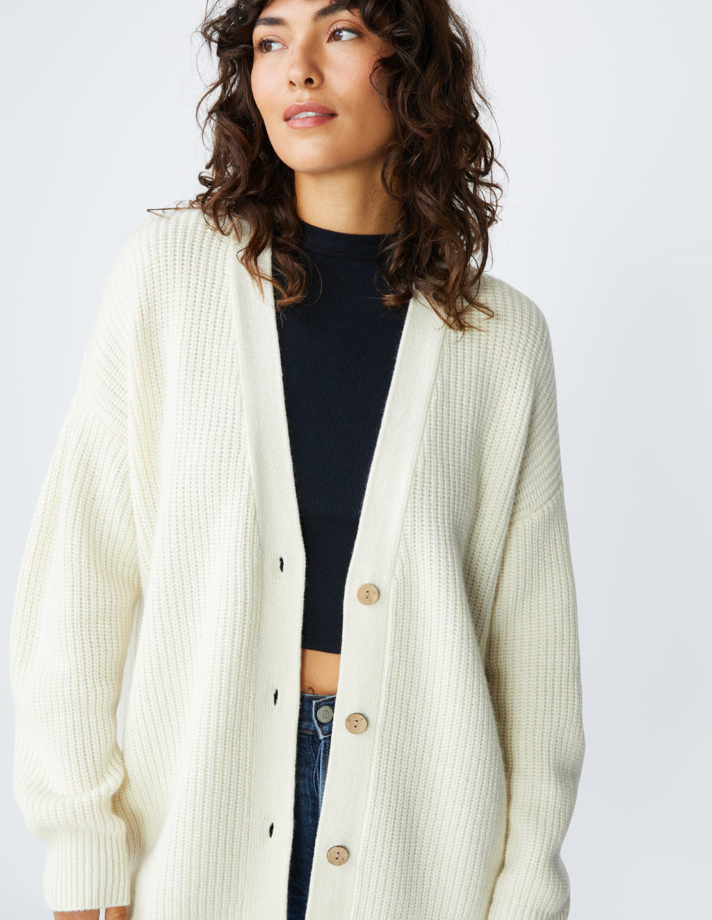 Ribbed Cashmere Oversized Cardigan Sweater in Cream