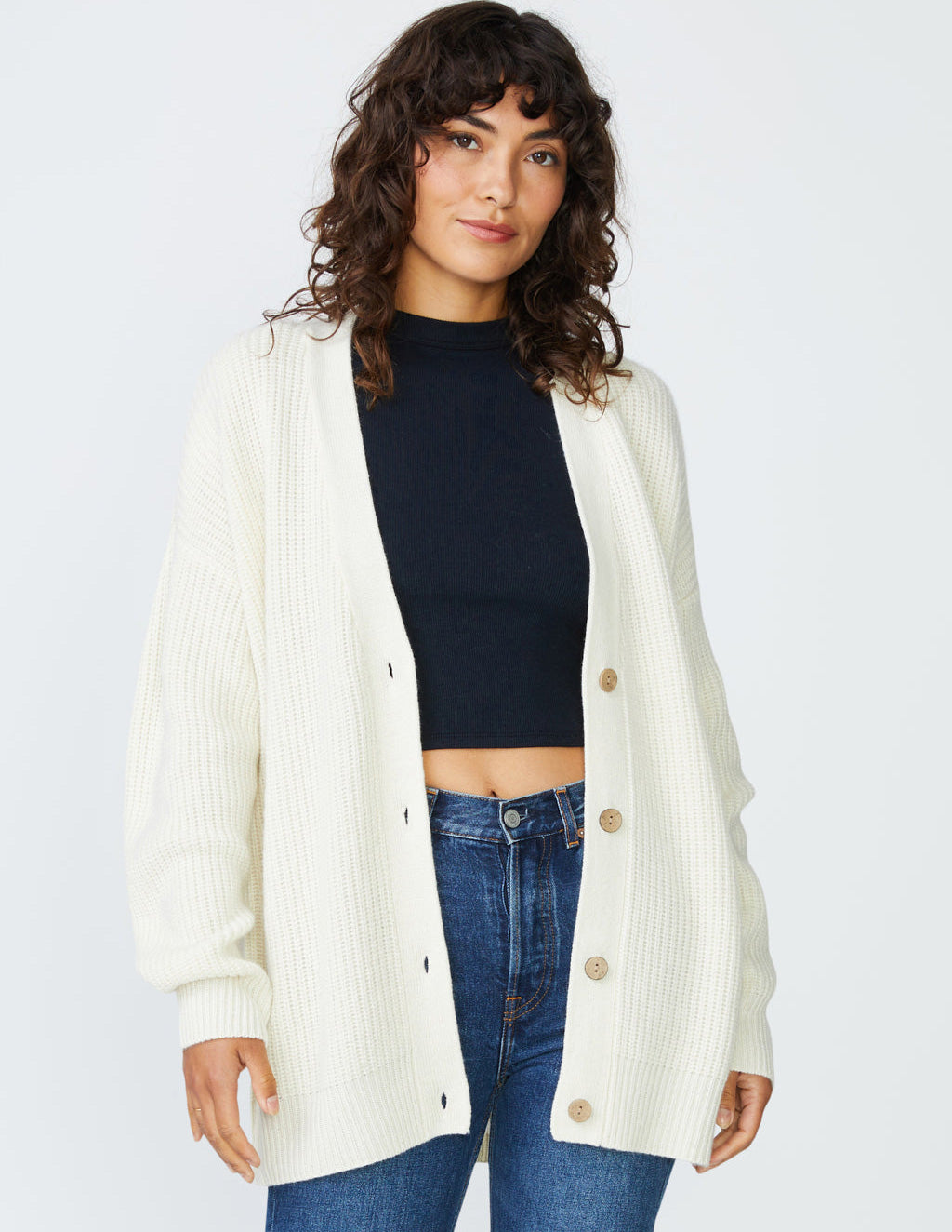 Ribbed Cashmere Oversized Cardigan Sweater in Cream