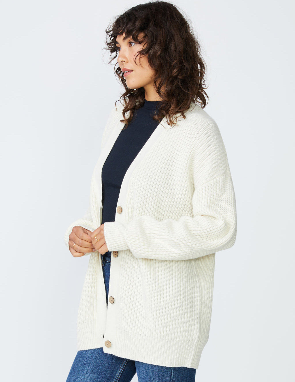 Ribbed Cashmere Oversized Cardigan Sweater in Cream