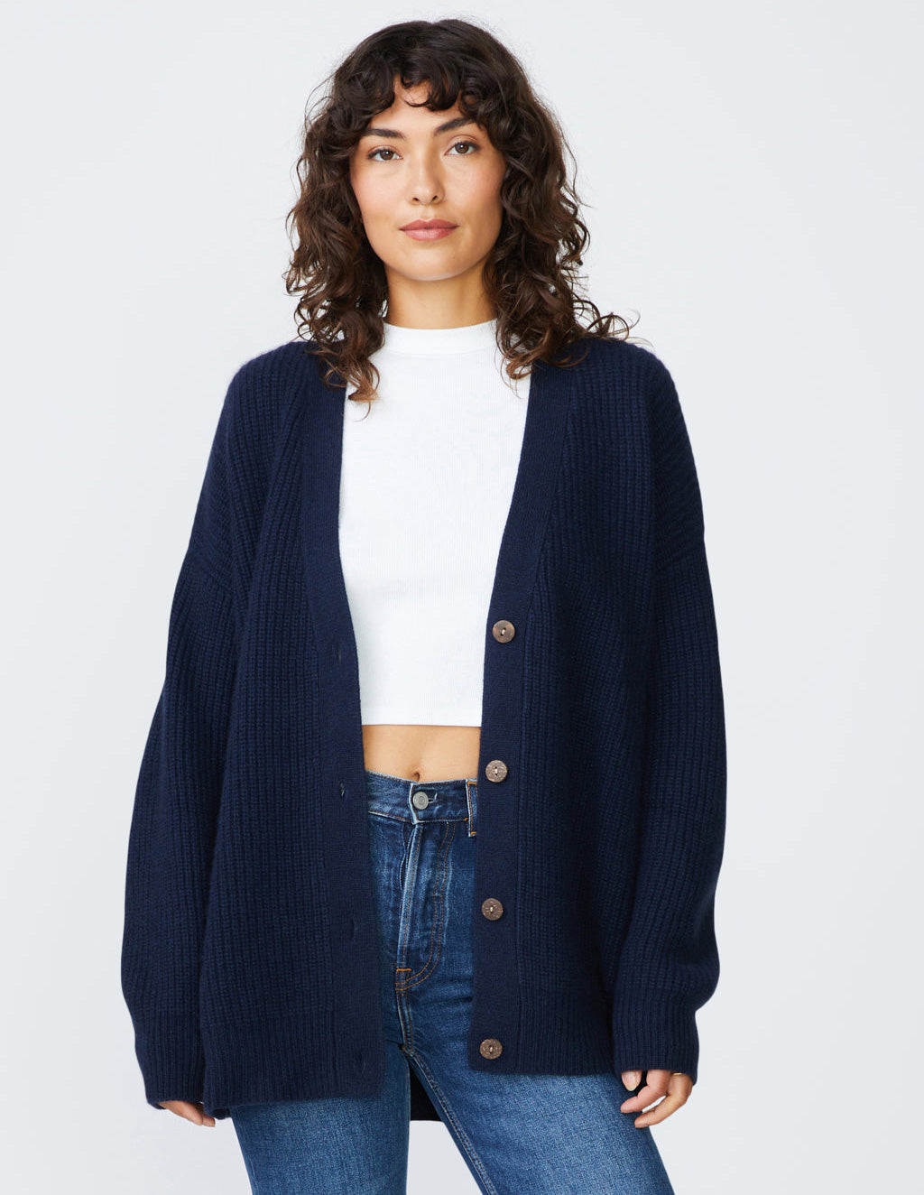 Ribbed Cashmere Oversized Cardigan Sweater in New Navy