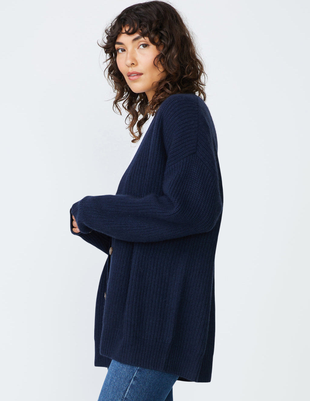 Ribbed Cashmere Oversized Cardigan Sweater in New Navy