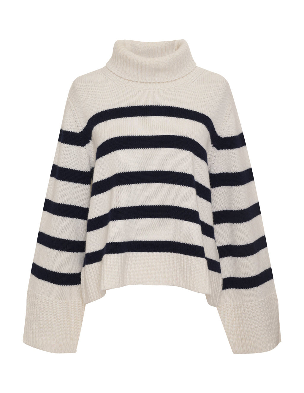 Cozy Cashmere Blend Stripe Turtleneck Sweater in Navy Stripe