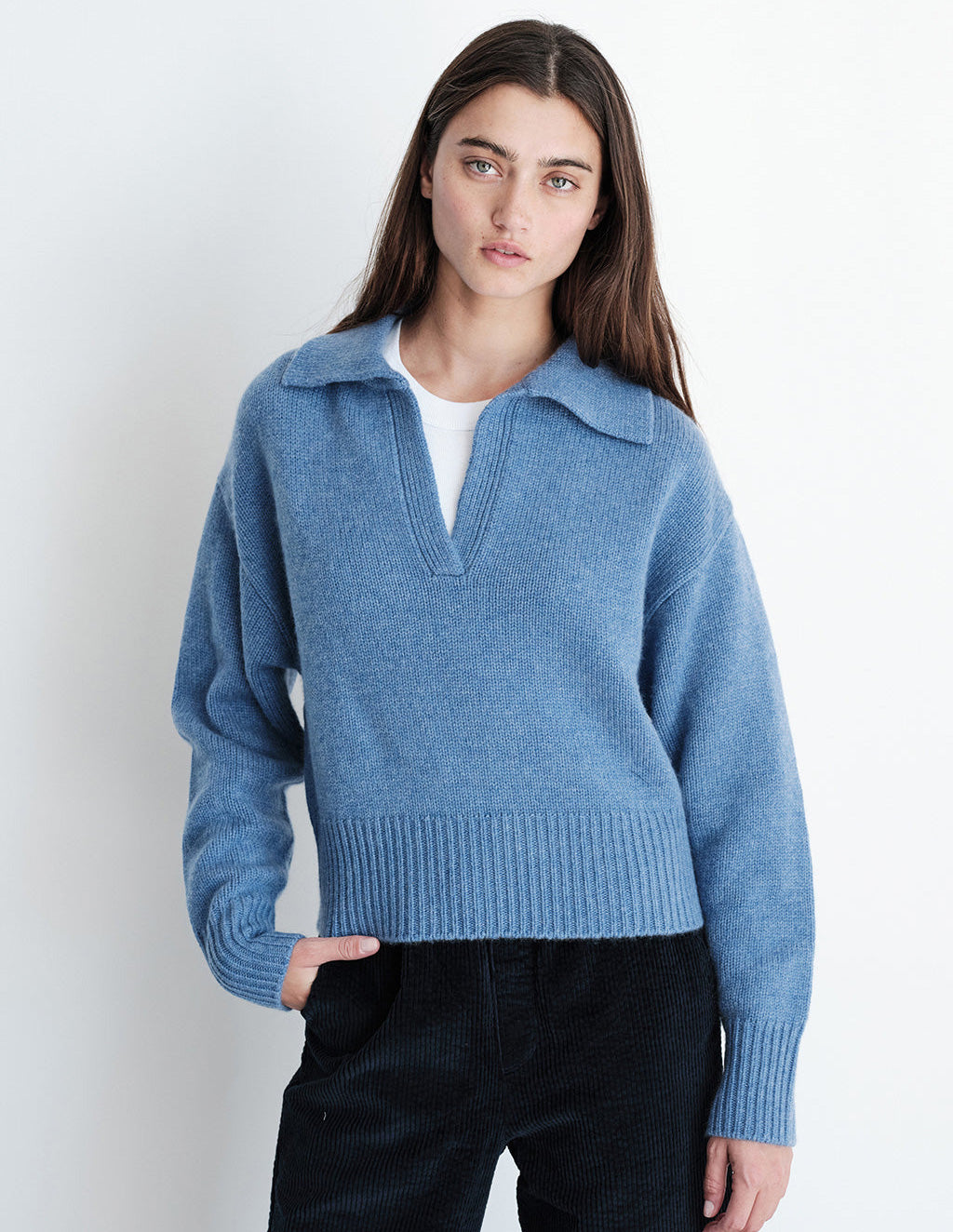 Cozy Cashmere Blend Johnny Collar Sweater in Denim