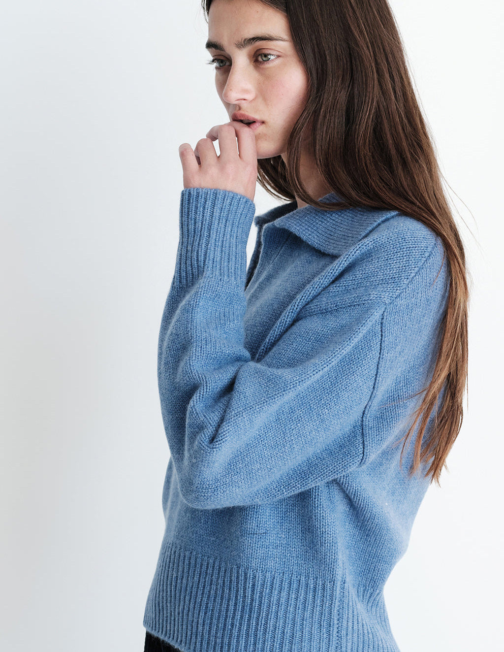 Cozy Cashmere Blend Johnny Collar Sweater in Denim