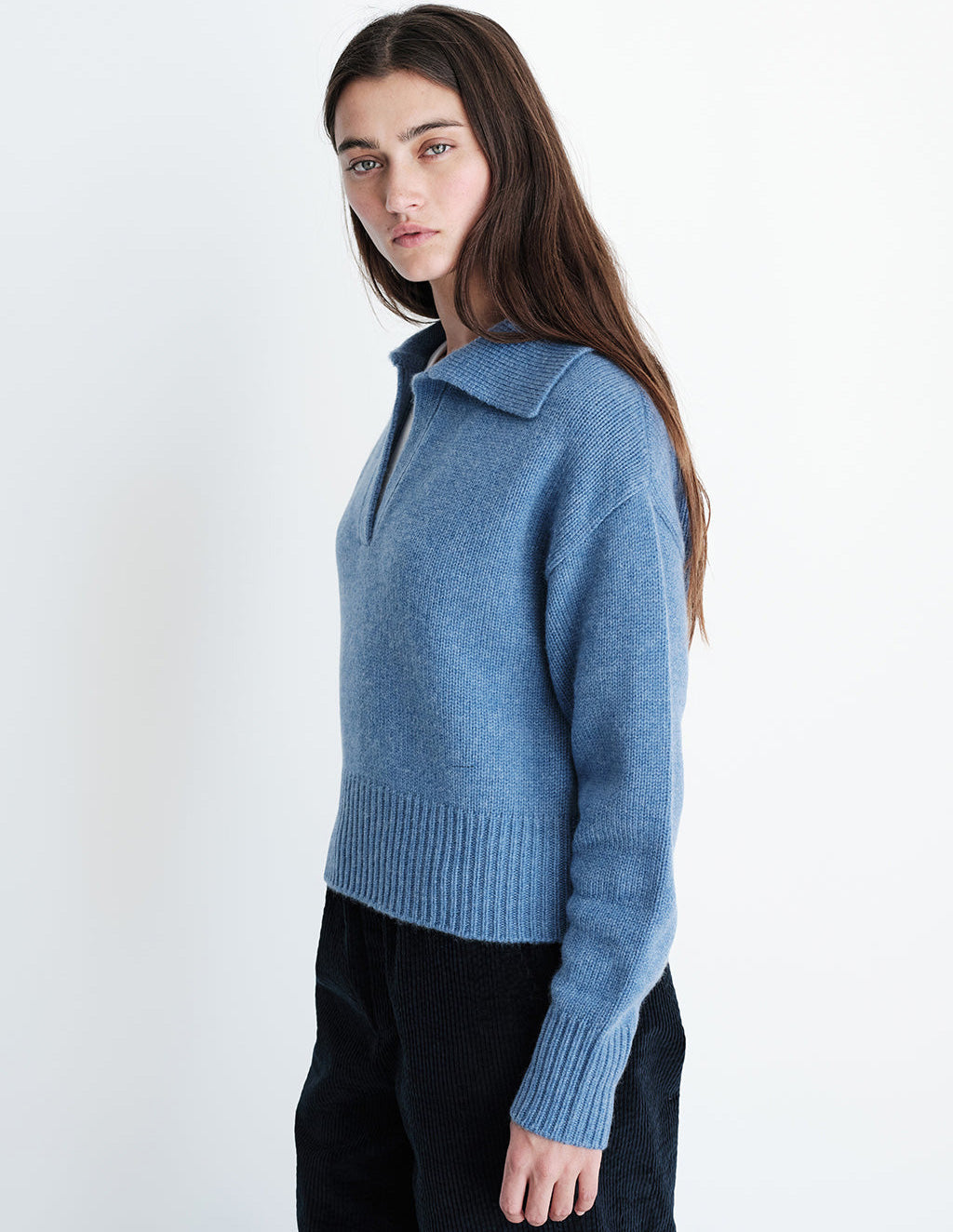 Cozy Cashmere Blend Johnny Collar Sweater in Denim