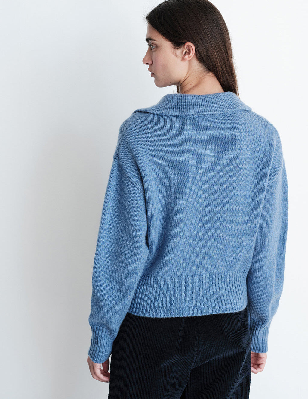 Cozy Cashmere Blend Johnny Collar Sweater in Denim