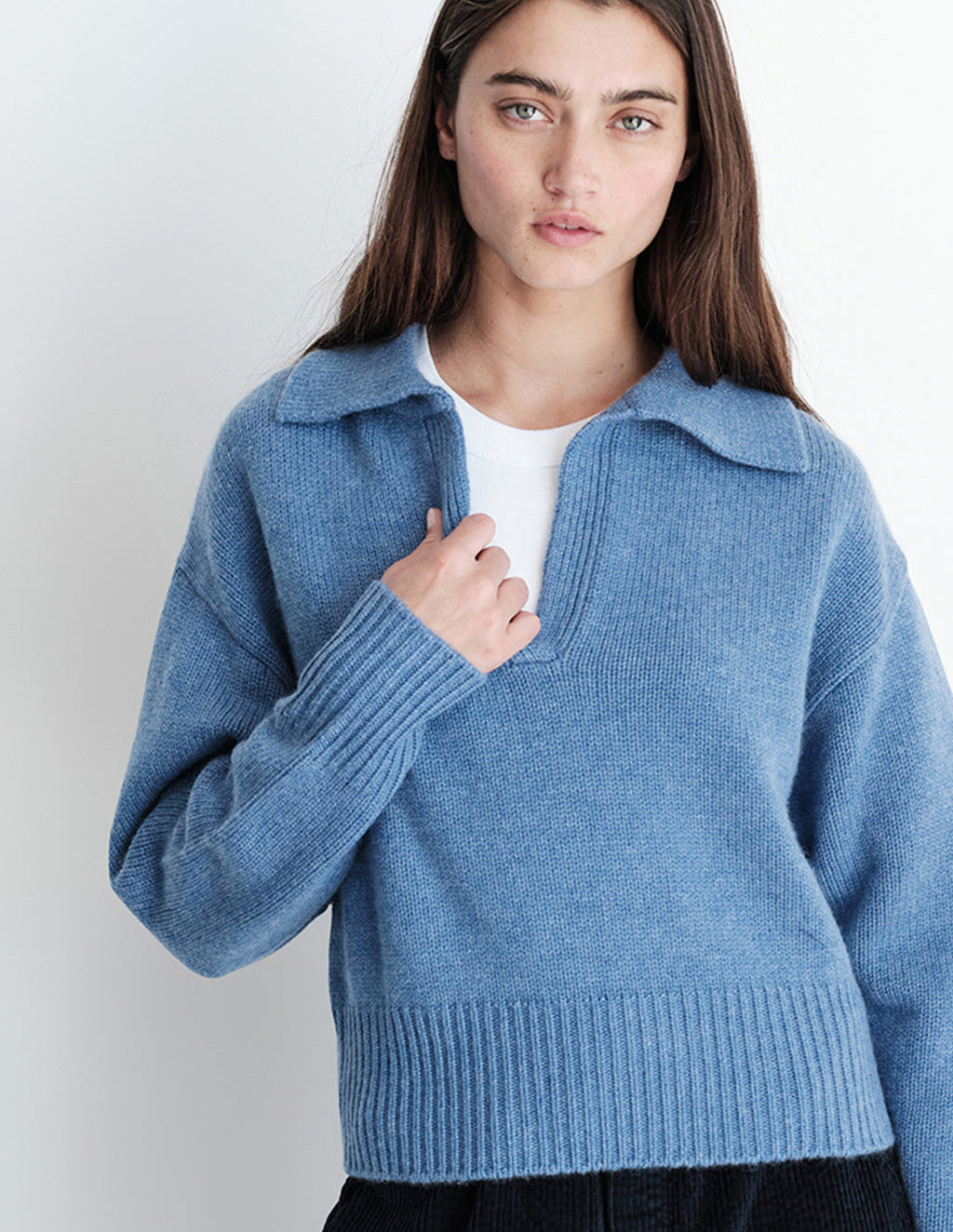 Cozy Cashmere Blend Johnny Collar Sweater in Denim