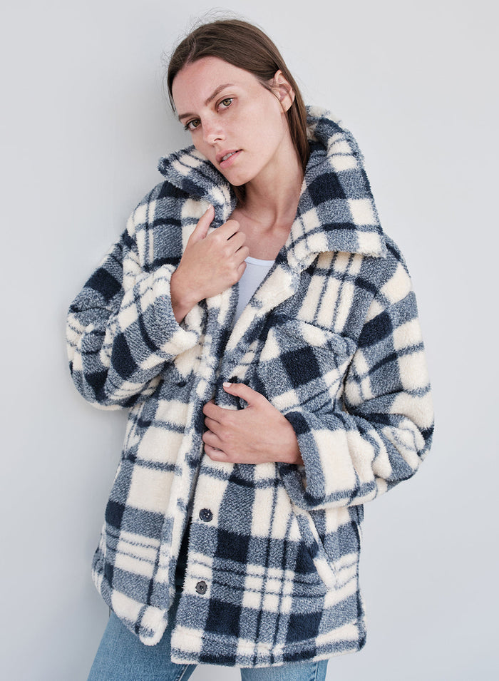 Double Faced Sherpa Jacket in Navy/Cream Plaid front