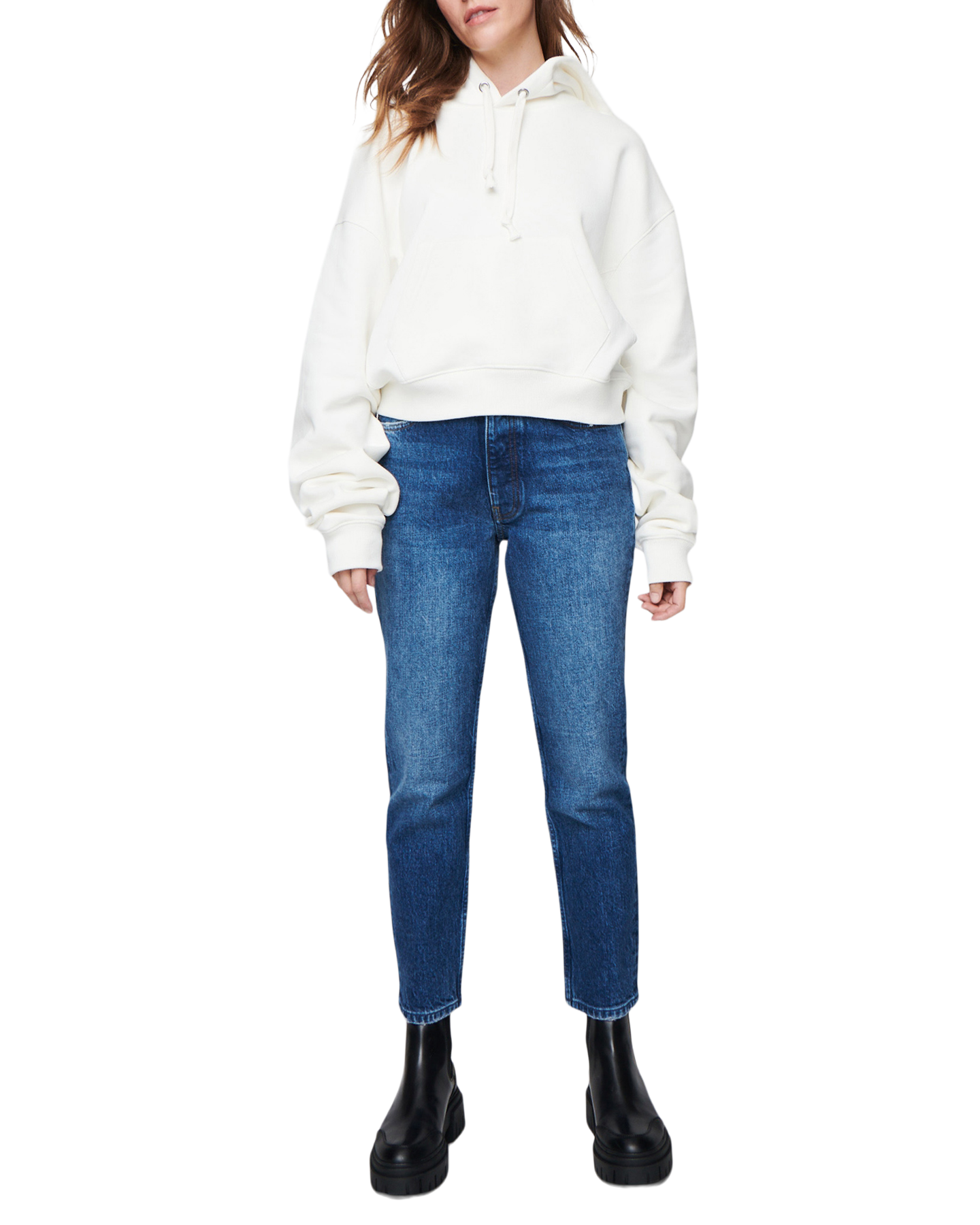 Women's Crop Hoodie in Off White-full view front