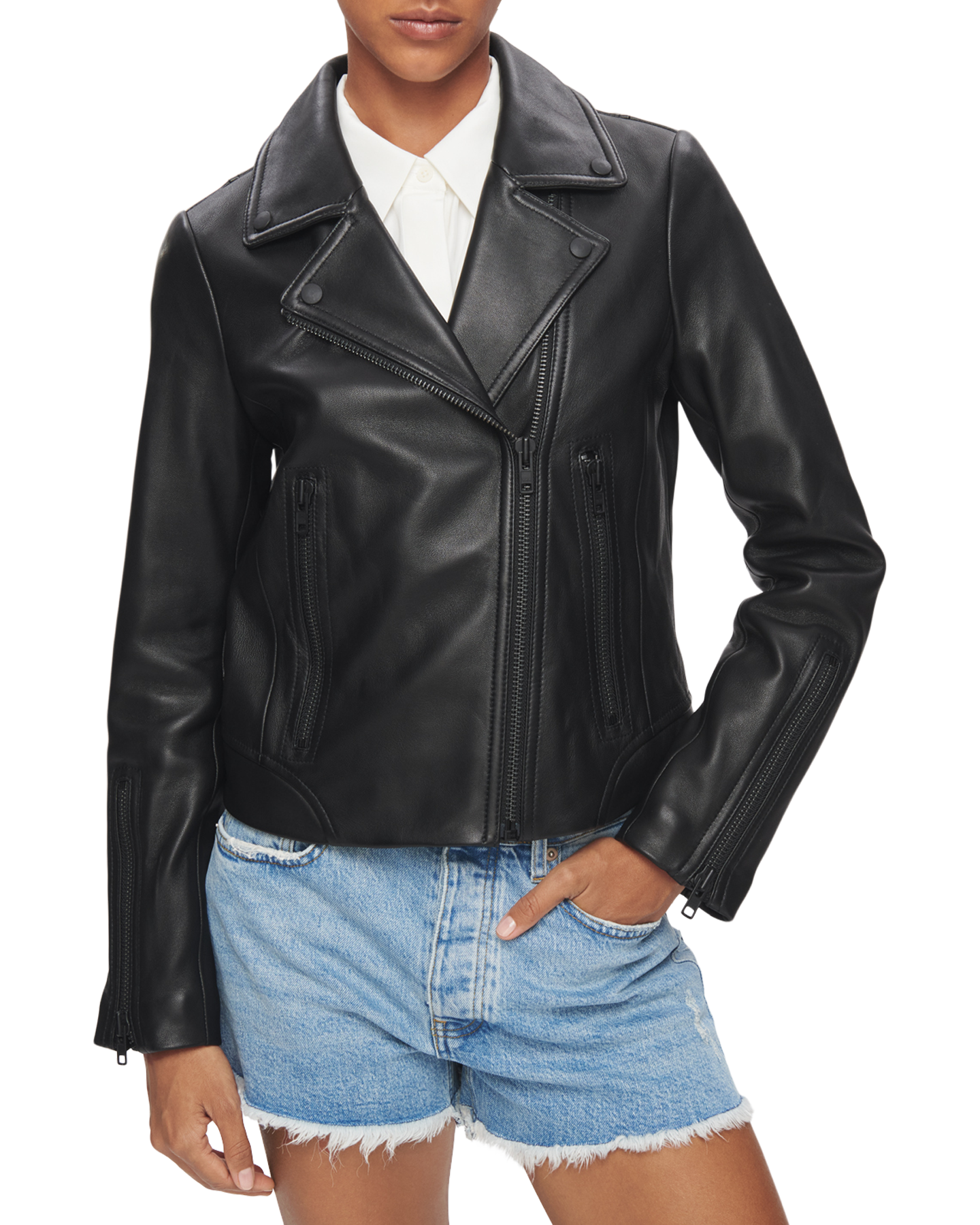 Leather Biker Jacket in Black with Black Hardware