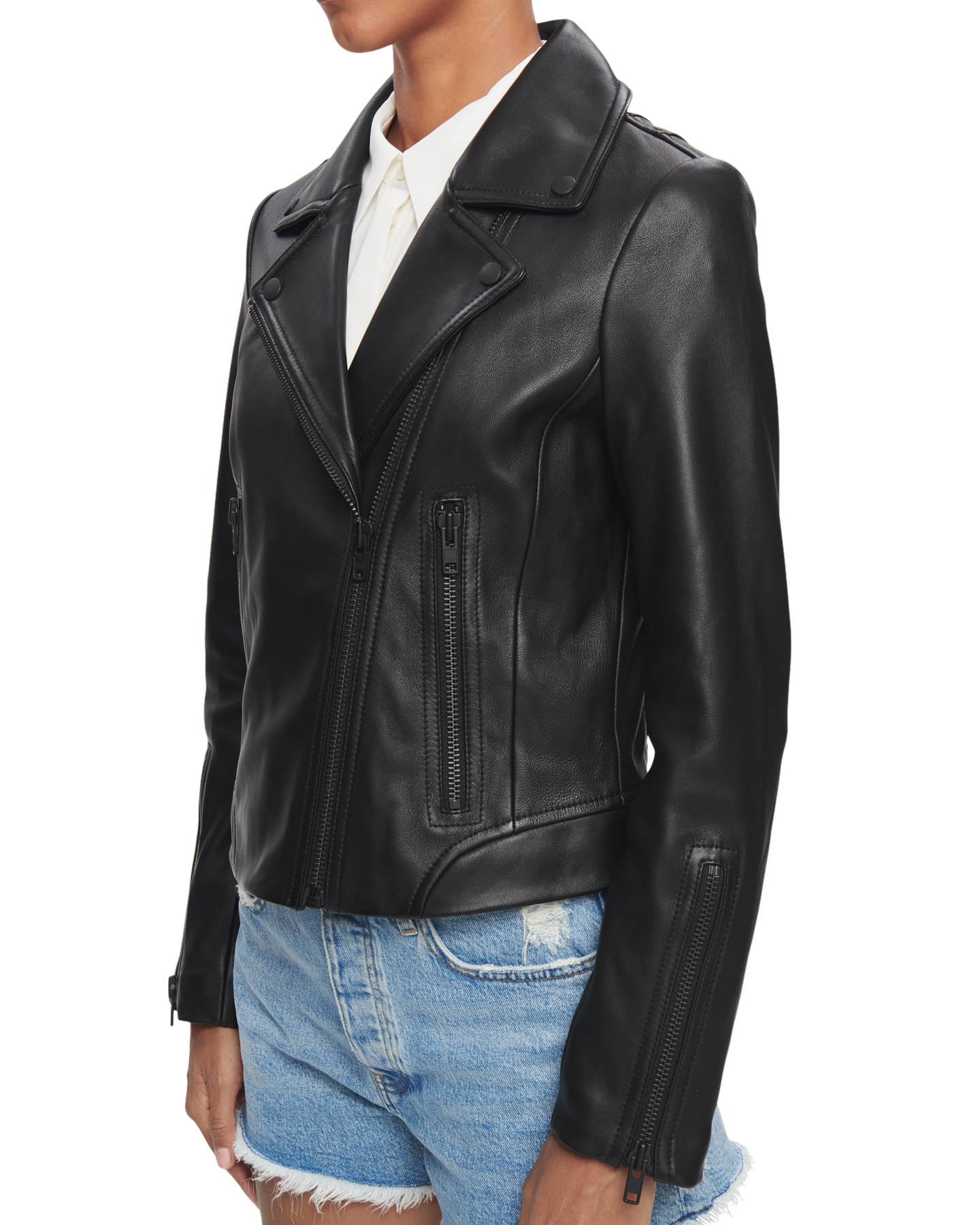 Leather Biker Jacket in Black with Black Hardware