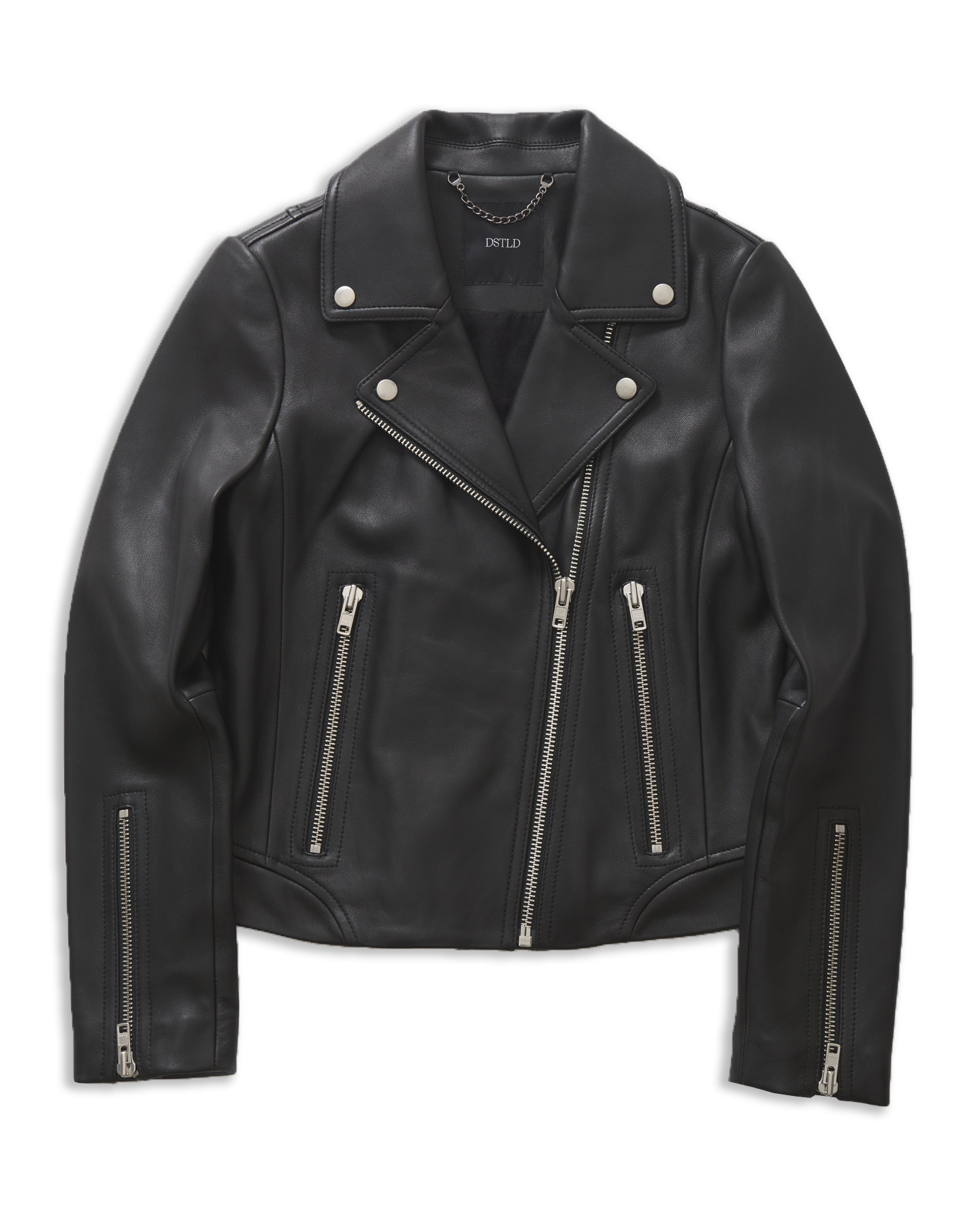 Leather Biker Jacket in Black with Silver Hardware