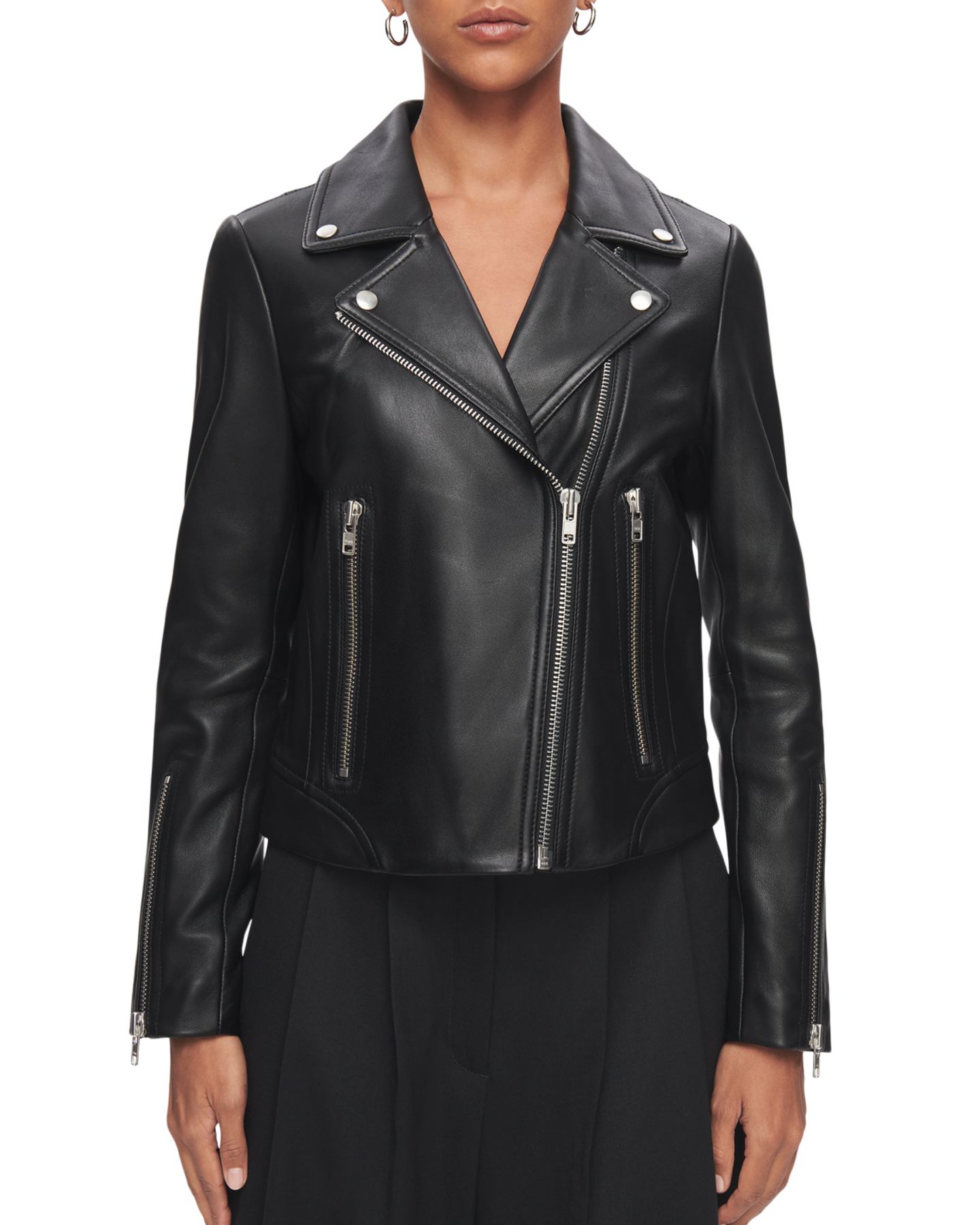 Leather Biker Jacket in Black with Silver Hardware