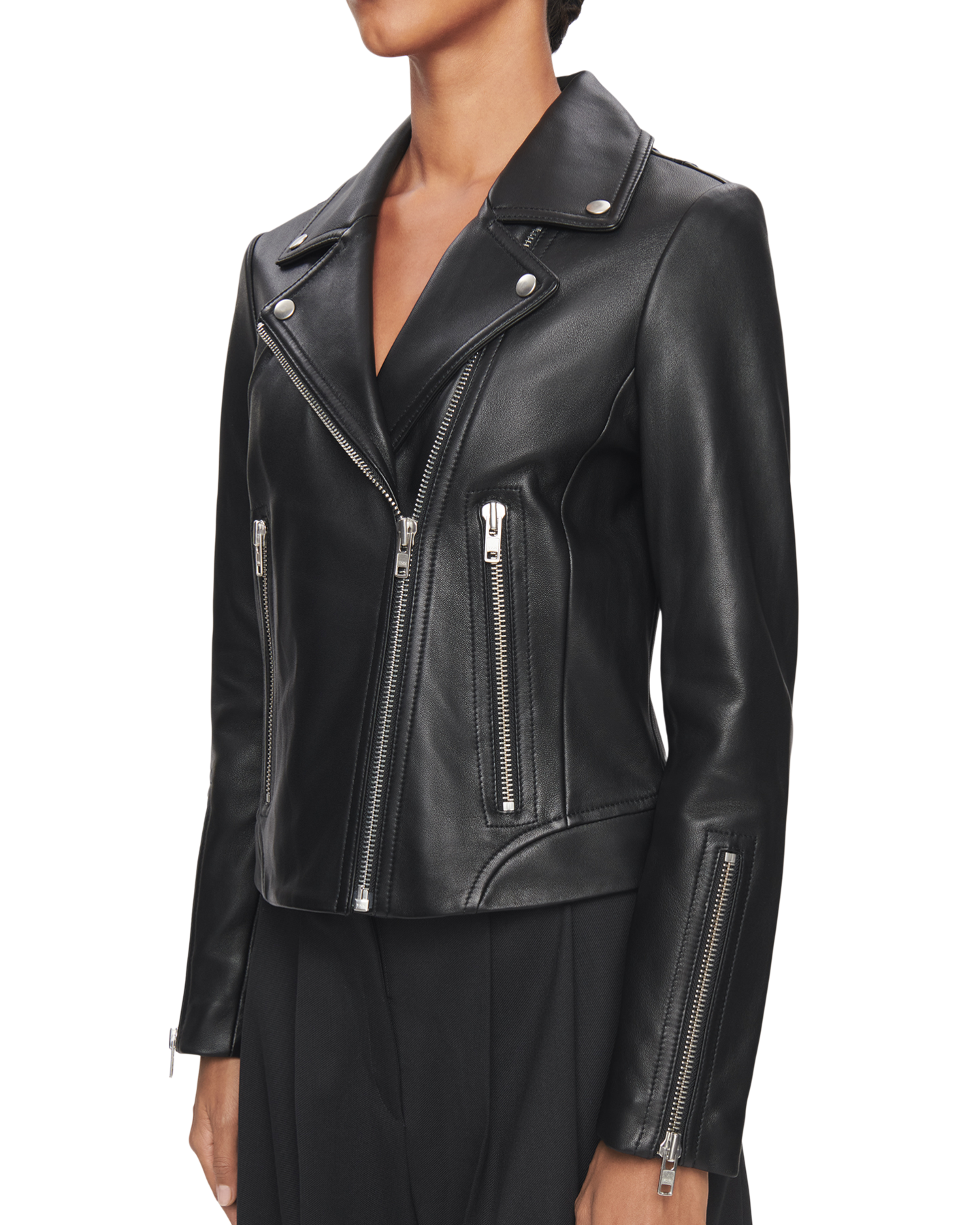 Leather Biker Jacket in Black with Silver Hardware