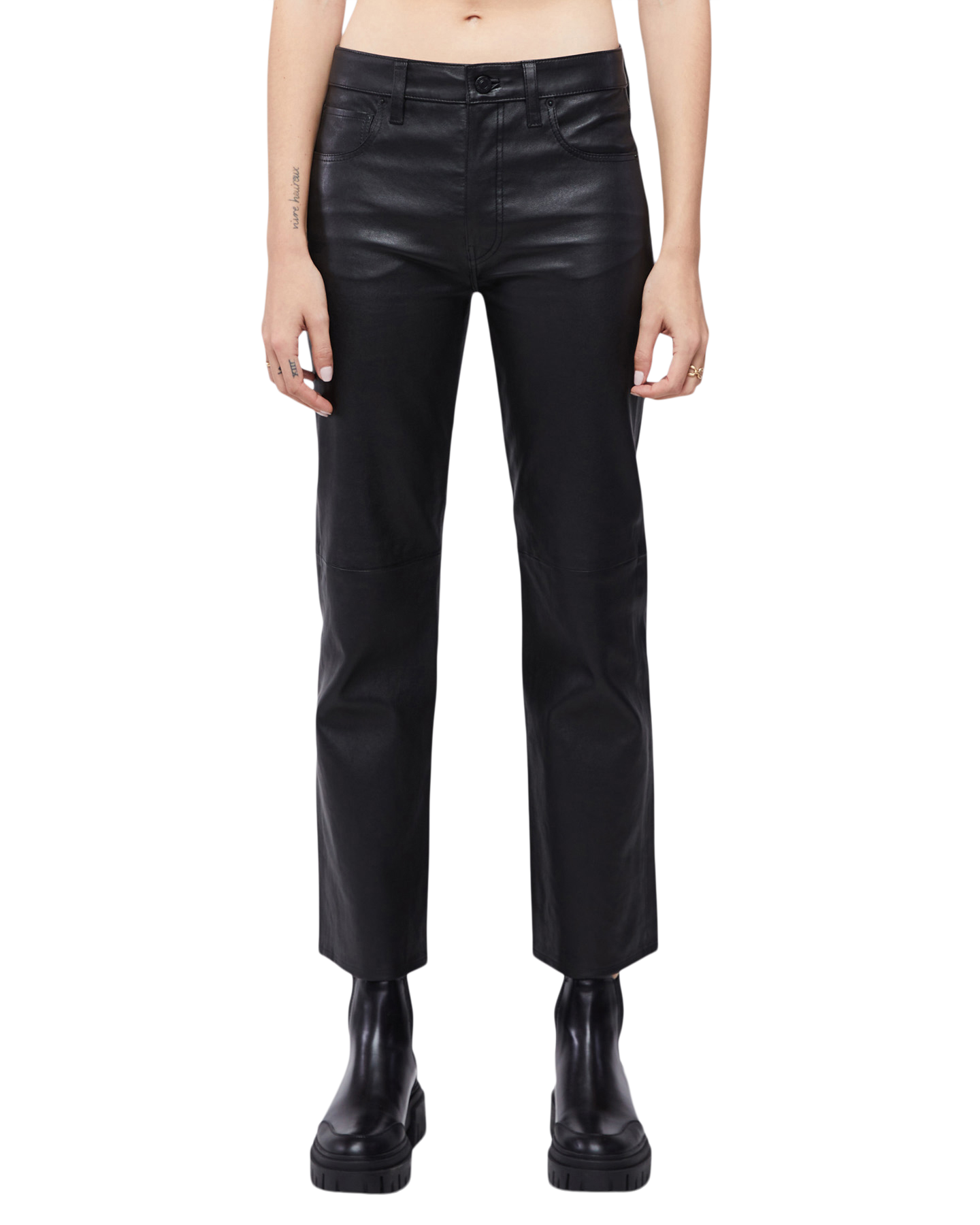 Vintage Straight Ankle Leather Pant in Black