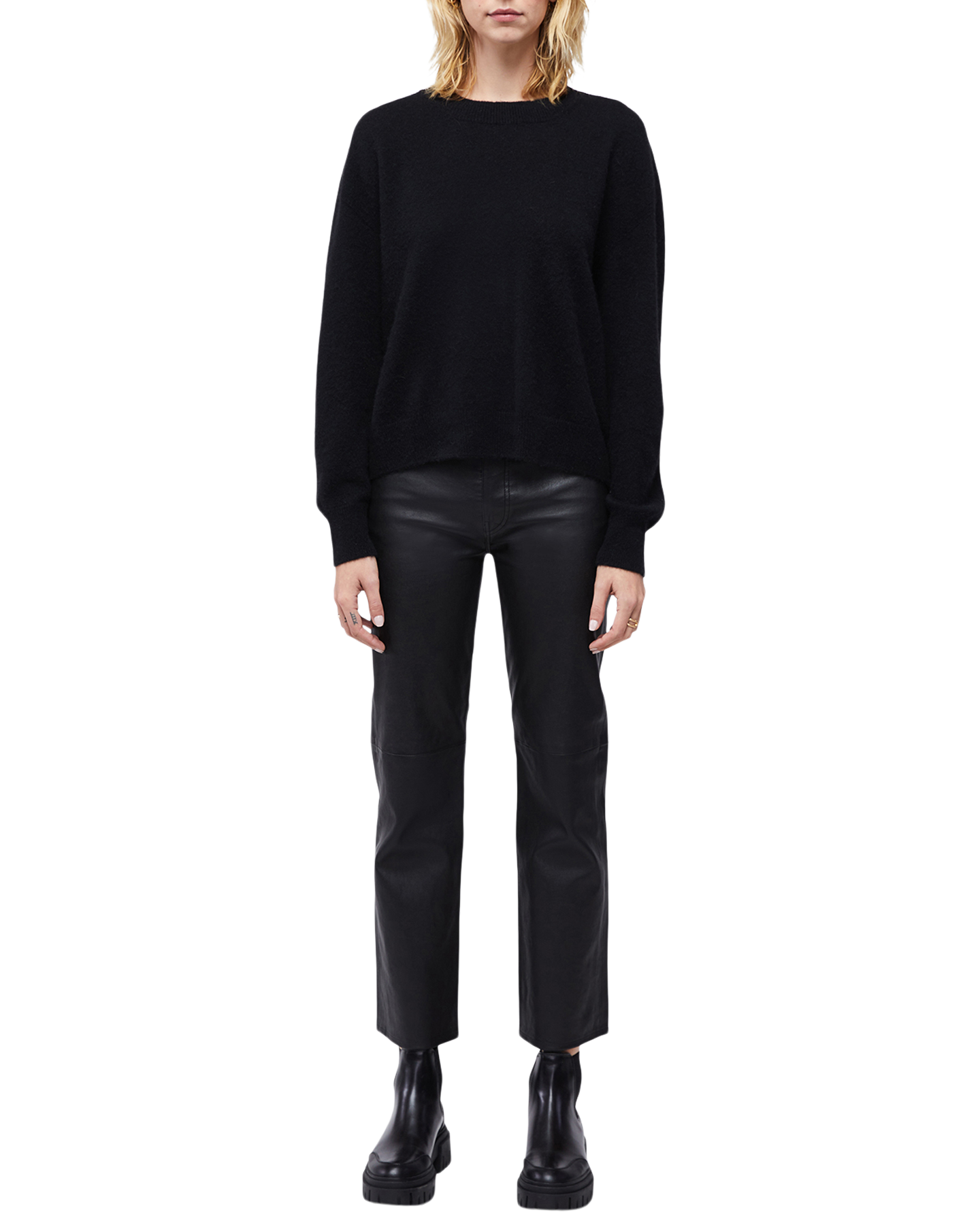 Women's Italian Brushed Cashmere Crew Neck in Black-full view front