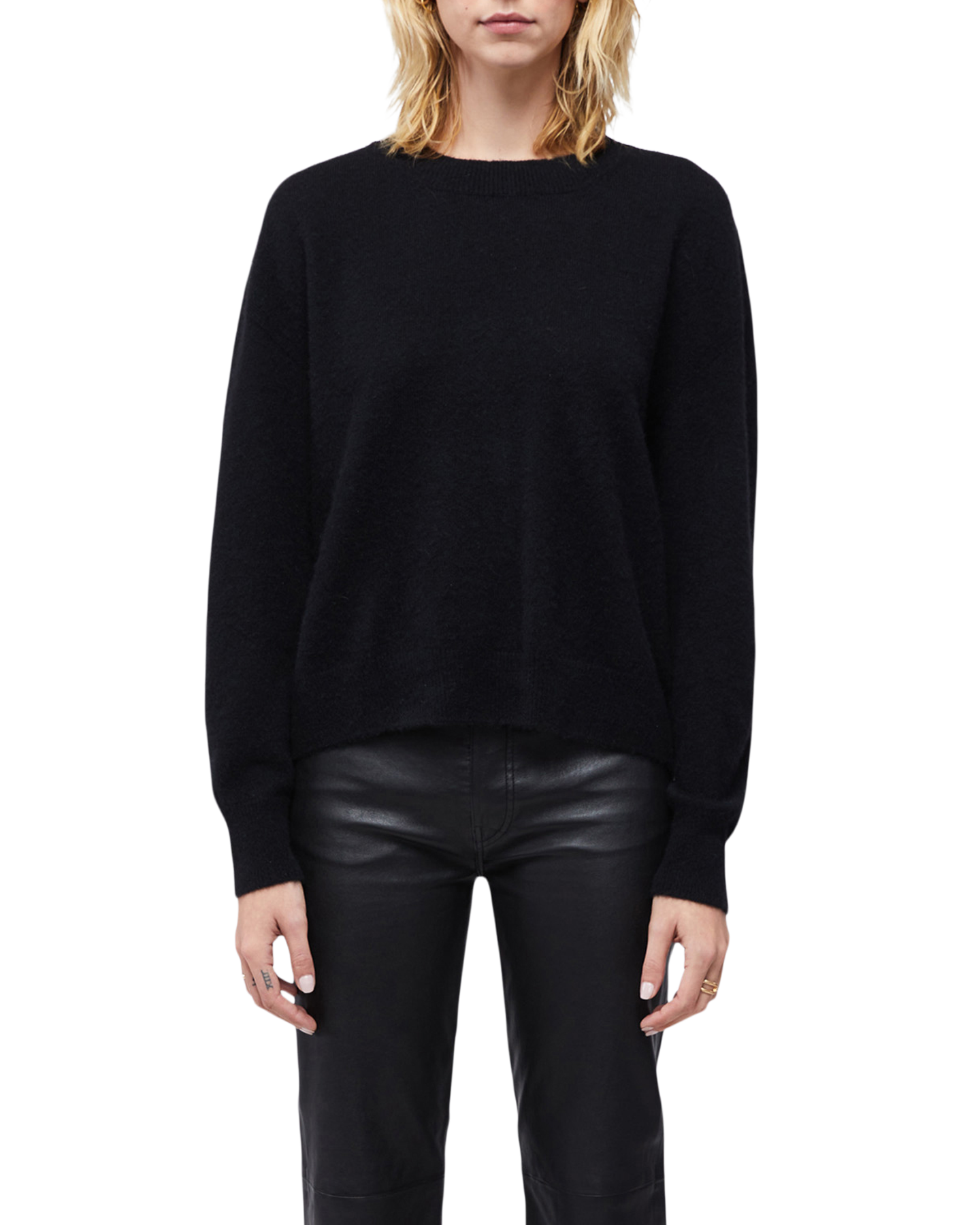 Women's Italian Brushed Cashmere Crew Neck in Black-3/4 view