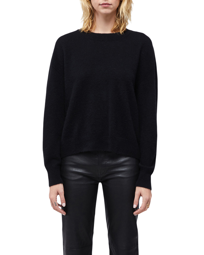 Women's Italian Brushed Cashmere Crew Neck in Black-3/4 view 