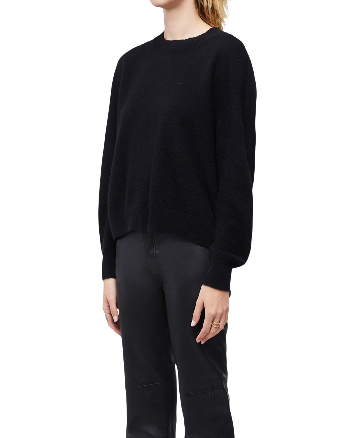 Women's Italian Brushed Cashmere Crew Neck in Black-side