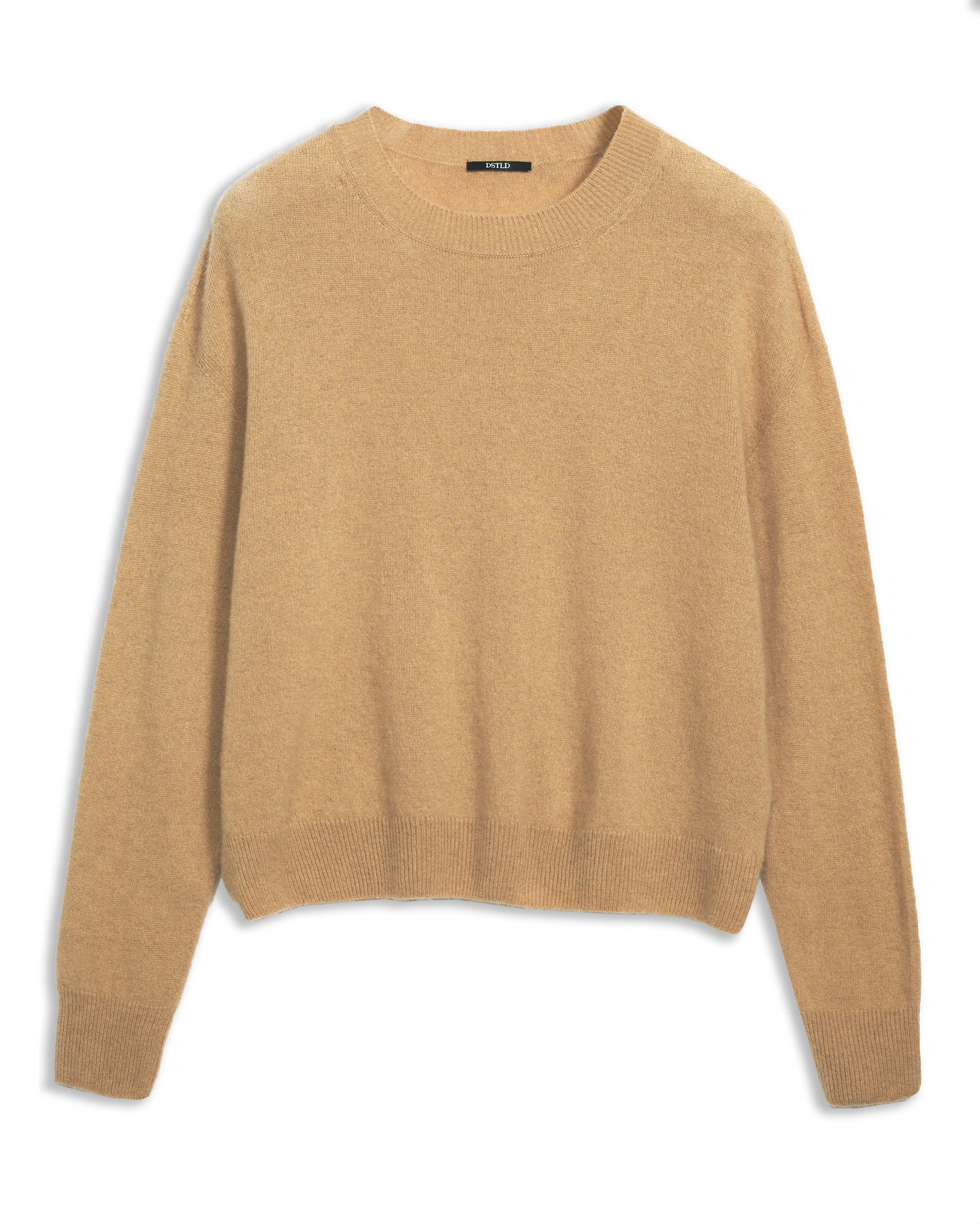 Women's Italian Brushed Cashmere Crew Neck Sweater in Came-flat lay front