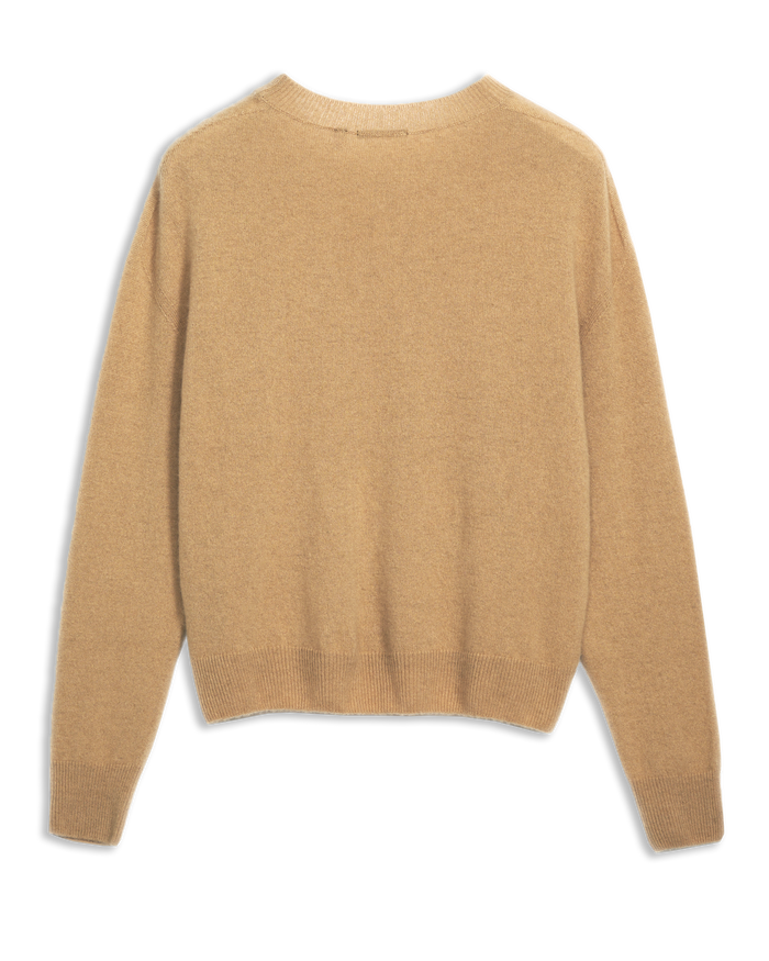 Women's Italian Brushed Cashmere Crew Neck Sweater in Came-flat lay back