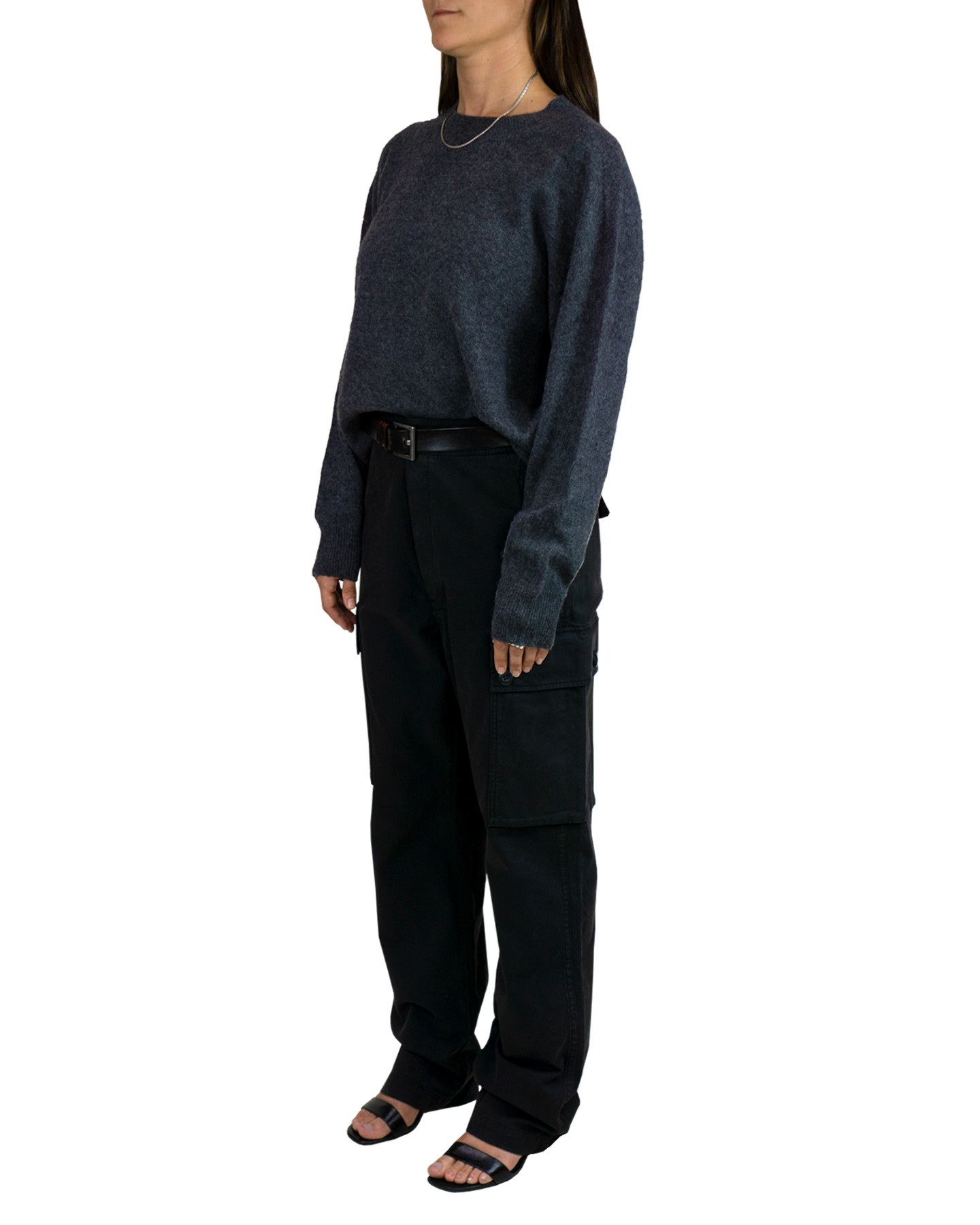 Italian Brushed Cashmere Crew Neck Sweater in Charcoal