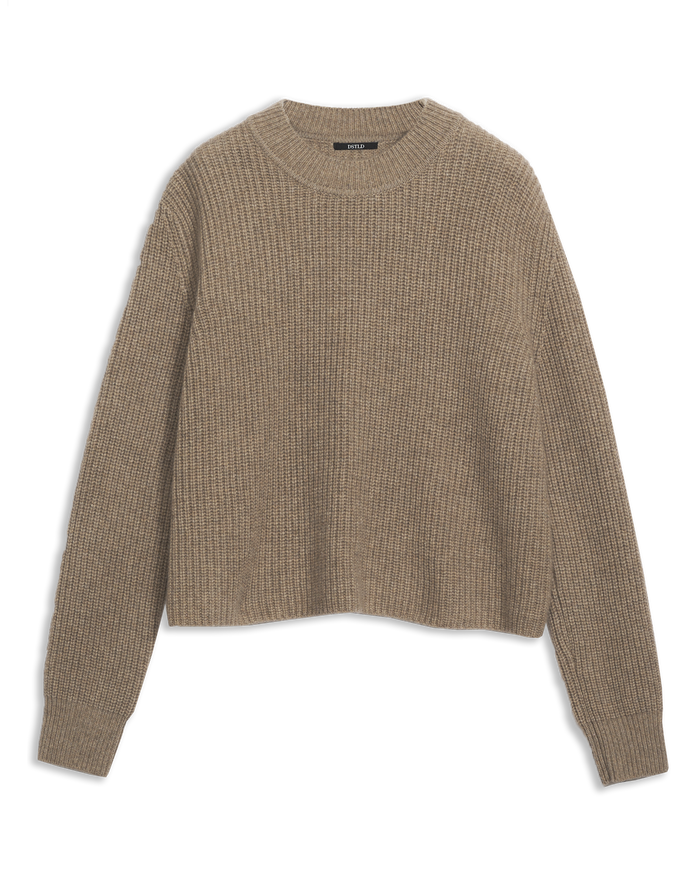 Women's Cashmere Ribbed Mock Neck in Camel Media-fkat lay front