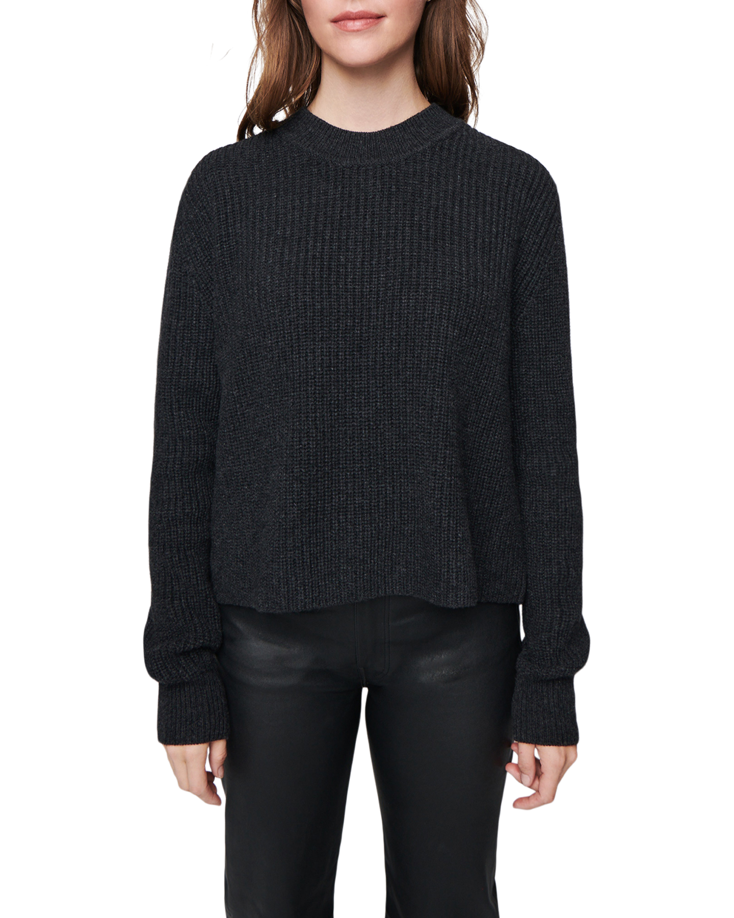 Women's Cashmere Ribbed Mock Neck in Charcoal-close up