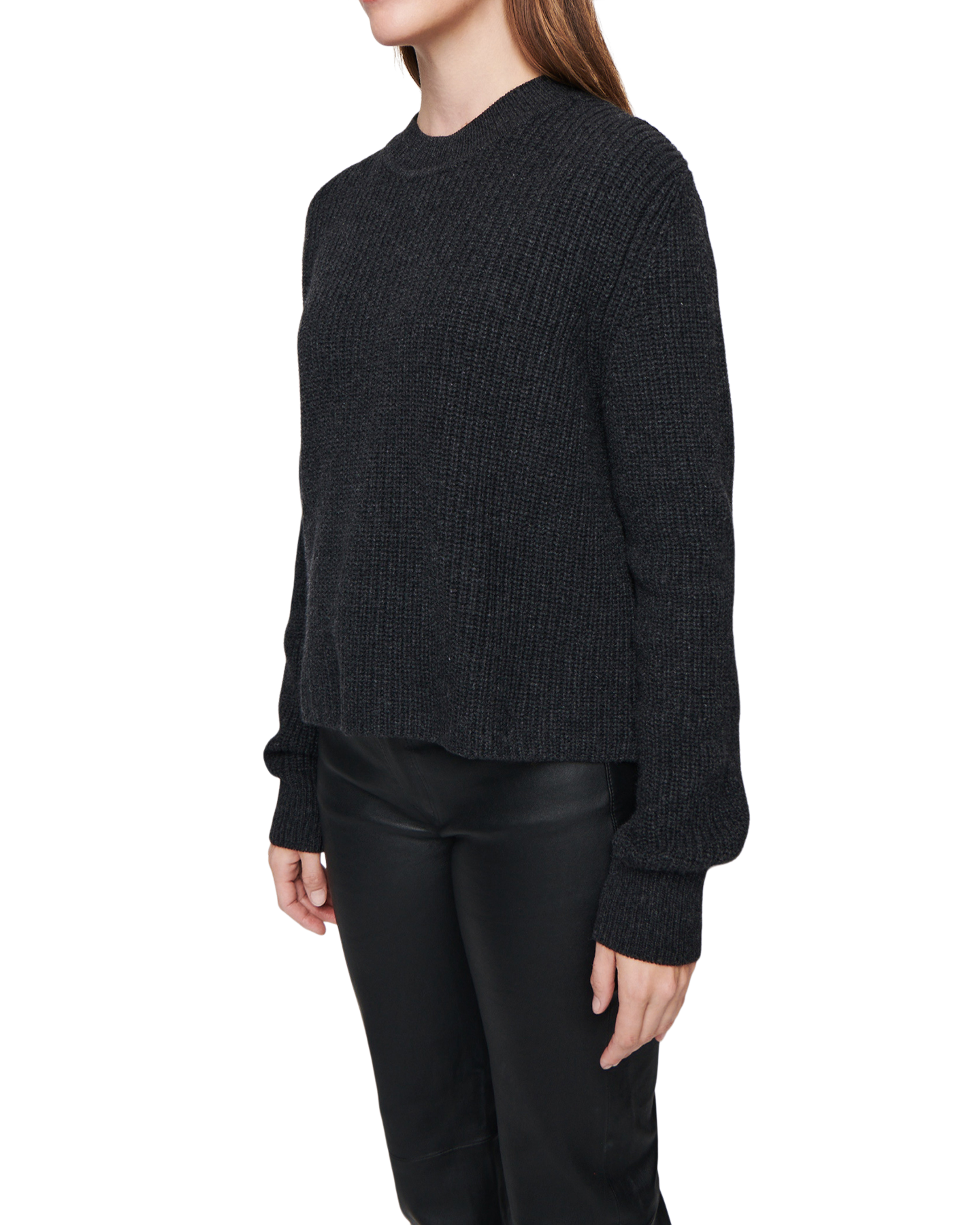 Women's Cashmere Ribbed Mock Neck in Charcoal-side